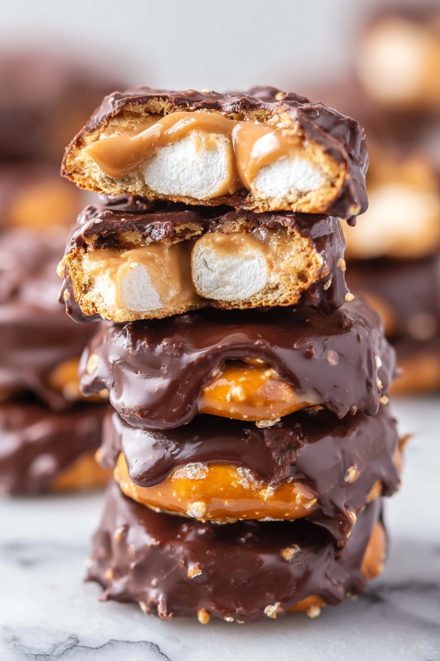 Chocolate Dipped Peanut Butter Pretzel Bites, peanut butter pretzel treats, salty sweet snack recipes, easy dessert bites, chocolate dipped pretzels - A close-up view of a stack of six candy pieces, each composed of a golden brown pretzel base with a shiny, smooth peanut butter layer on top, partially covered in thick, dark chocolate that has a glossy finish. The top candy piece is broken in half, showing the light, slightly crumbly peanut butter and white marshmallow pieces inside, with chocolate coating dripping slightly over the edges. The stack sits on a surface with a white marbled texture, and the background is softly blurred to keep the focus on the candy. photo taken with an iphone --ar 2:3 --v 7