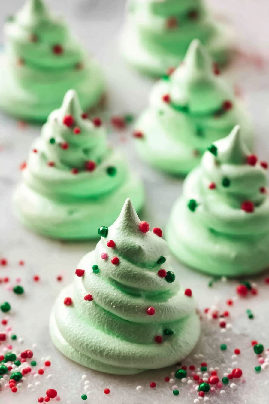 Green Christmas Meringue Cookies, festive holiday cookies, easy meringue recipes, Christmas cookies for gifting, colorful holiday treats - The image shows several small, bright green meringue cookies shaped like Christmas trees. Each tree has three distinct swirled layers stacked on top of each other, with a smooth, slightly shiny texture. The cookies are decorated with round red, green, and white confetti sprinkles scattered over them and around them on the white marbled surface beneath. The focus is on the front row of cookies, with some in the background softly blurred. photo taken with an iphone --ar 2:3 --v 7
