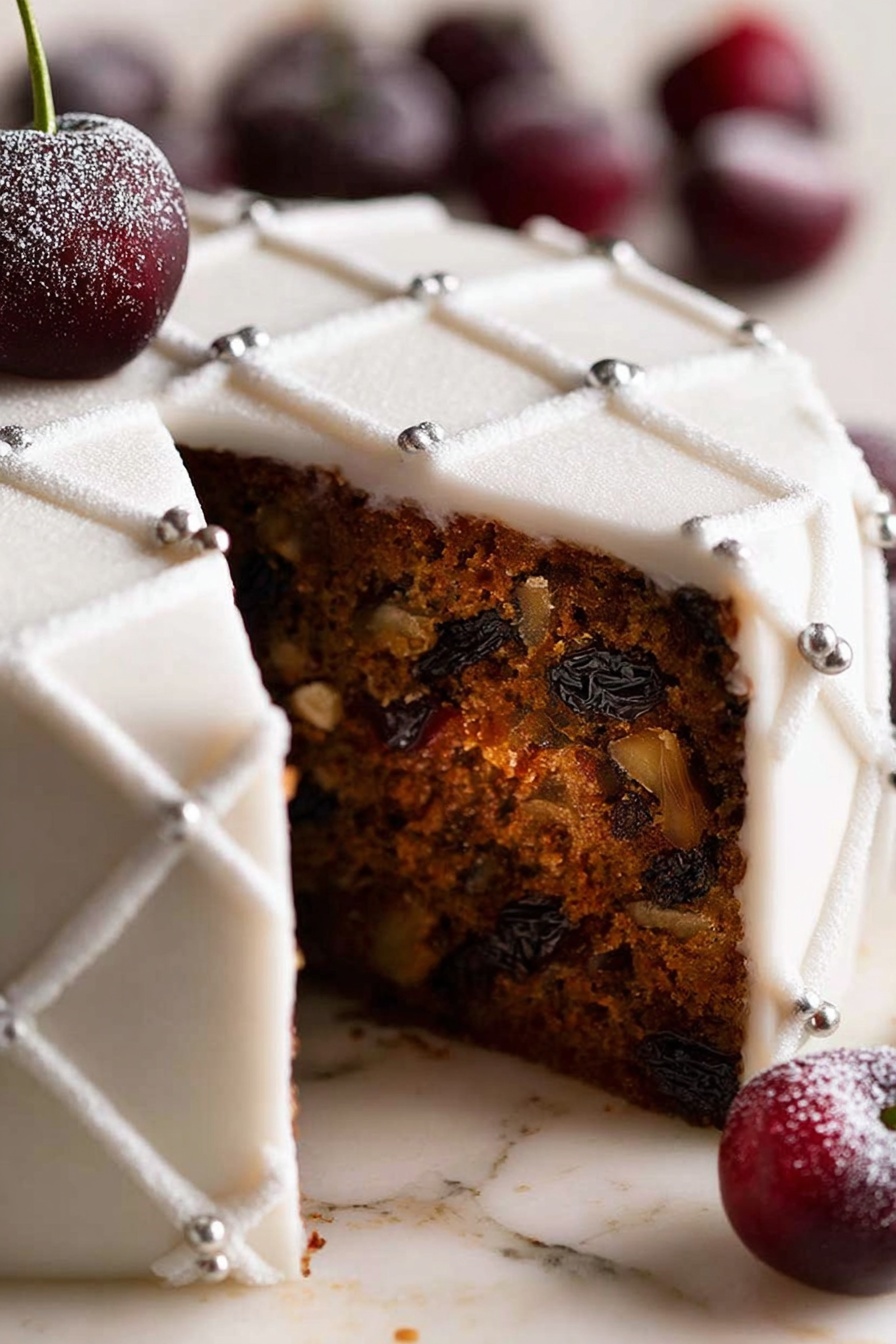 Easy Moist Christmas Fruit Cake, Christmas fruit cake recipe, moist fruit cake, holiday fruit cake, quick festive cake - The image shows a round cake with one slice removed, revealing a dark, dense inner layer filled with bits of fruit or nuts. The cake is covered in a smooth, white fondant layer decorated with a quilted pattern made by small edible pearls at the intersections. On top, there is a pile of fresh cherries with stems, lightly dusted with white powder, some of which have fallen beside the cake. The cake sits on a round board placed on a cloth, all set on a white marbled surface. The background is softly blurred with warm tones, giving a cozy feeling. Photo taken with an iphone --ar 2:3 --v 7