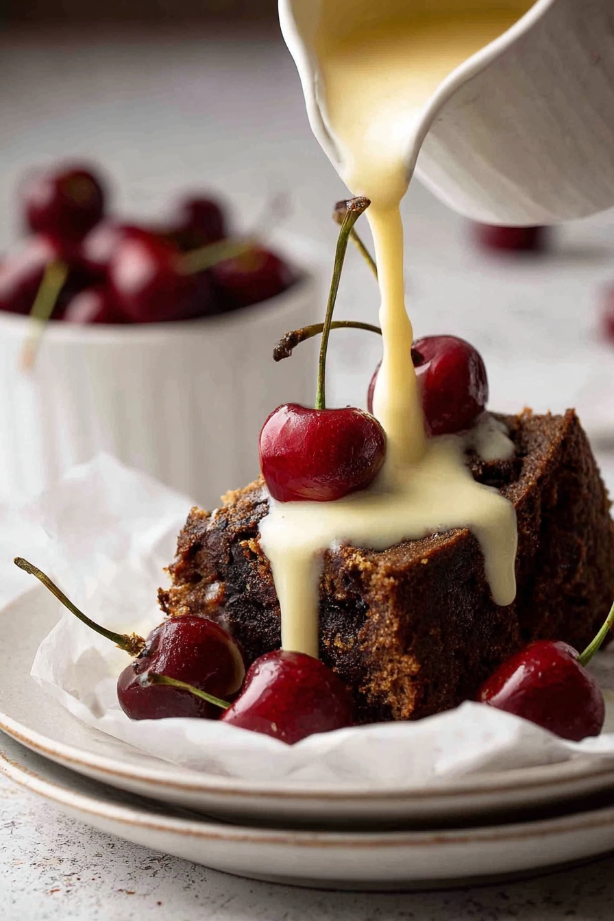 Easy Moist Christmas Fruit Cake, Christmas fruit cake recipe, moist fruit cake, holiday fruit cake, quick festive cake - A close-up image of a slice taken out of a round cake covered in smooth white icing decorated with a diamond pattern and small silver pearls at the intersections. The cake inside looks dense and dark brown with visible bits of nuts and dried fruits throughout. The top of the slice is topped with a dark red cherry that has a light dusting of white powder. The background is a white marbled surface with more dark red cherries slightly out of focus in the back. Photo taken with an iphone --ar 2:3 --v 7