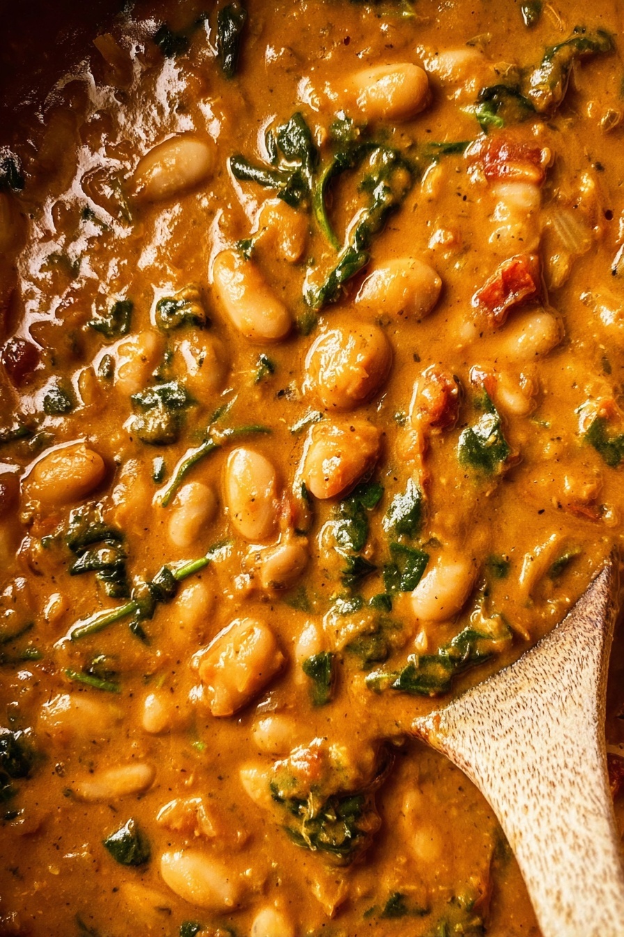 Creamy Vegan Butter Bean Curry, vegan curry recipes, plant-based meals, dairy-free curry, easy vegan dinner ideas - A close-up view of a thick, creamy stew with an orange-brown color, filled with large white beans and small green leafy pieces scattered throughout. The texture is smooth with some chunks of food visible, and there are hints of red from small tomato chunks. A wooden spoon is partially dipped into the stew on the right side of the image, showing the rich consistency. The background is a white marbled texture. photo taken with an iphone --ar 2:3 --v 7