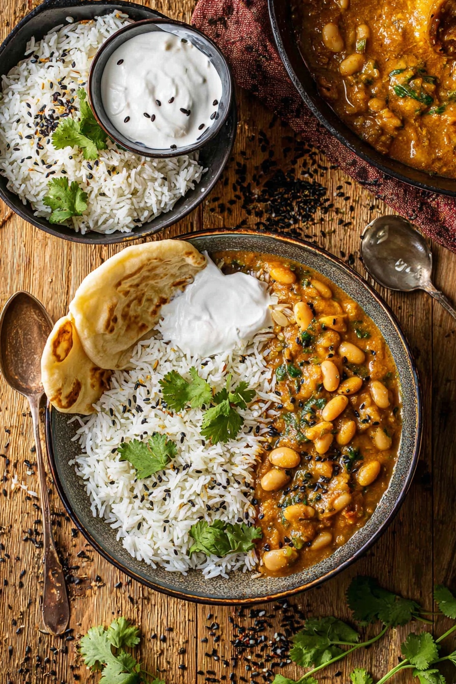 Creamy Vegan Butter Bean Curry, vegan curry recipes, plant-based meals, dairy-free curry, easy vegan dinner ideas - A bowl with two main layers: on the left side, white rice topped with small black seeds and green cilantro leaves, and on the right side, thick orange curry filled with chickpeas and herbs, also sprinkled with green cilantro leaves. At the front, a dollop of white yogurt cream sits between the rice and curry. A piece of flatbread leans on the bowl's edge. Nearby, there is another small bowl of white rice with black seeds and cilantro, and above, a small container holds more white yogurt cream. A large pan of curry is visible in the top right corner. Everything rests on a wooden surface with scattered black seeds and cilantro pieces, with an old spoon beside the main bowl. Photo taken with an iphone --ar 2:3 --v 7