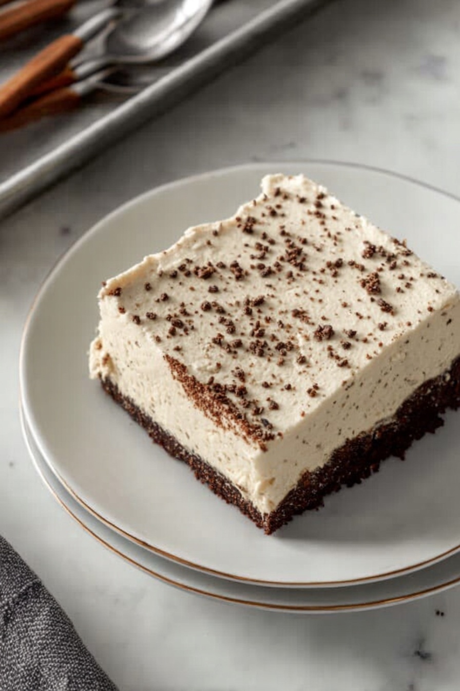 Dark Chocolate Espresso Cake with Brown Butter Frosting, decadent chocolate cake, espresso dessert, homemade chocolate layer cake, rich brown butter frosting - A close-up of a square piece of chocolate cake being held by a woman's hand with a knife, the cake has two layers: a dark, moist-looking chocolate base and a thick, creamy light beige frosting on top. The frosting is sprinkled lightly with small brown bits and has piped swirls at the edges. The piece is lifted above a metal baking pan filled with the same cake, showing the layers clearly and the smooth, decorated frosting surface underneath. The background shows a white plate with another piece of cake and a white marbled surface. Photo taken with an iphone --ar 2:3 --v 7