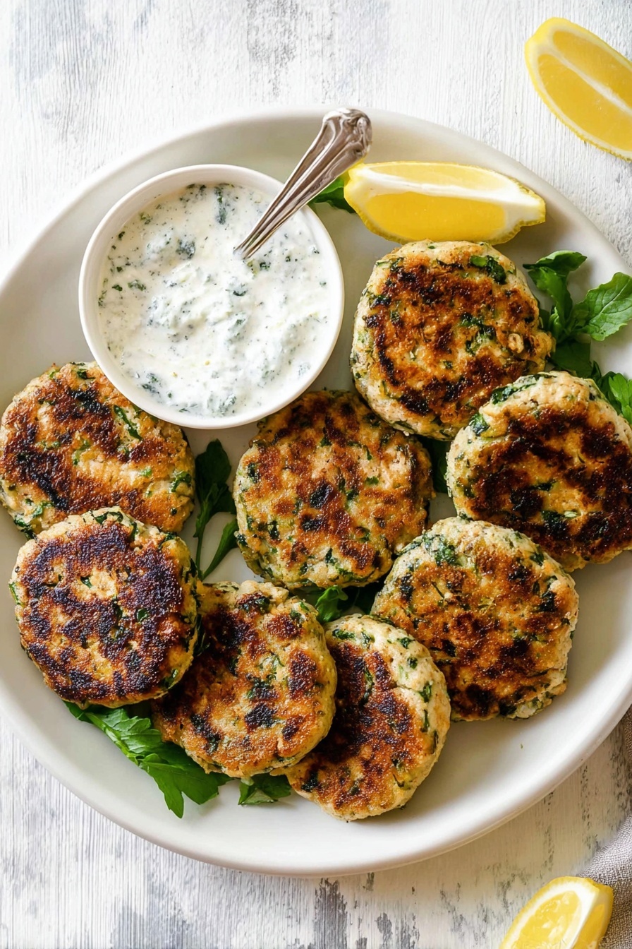 Mediterranean Chicken Patties, Mediterranean chicken patties recipe, healthy chicken patties, flavorful chicken patties, easy Mediterranean chicken recipe - A round white plate on a white marbled surface holds seven golden-brown patties with visible green herb bits inside, arranged in a slightly overlapping circle. At the top left of the plate, a small white bowl filled with a creamy white sauce mixed with green herbs sits with a spoon inside. A lemon wedge is placed at the top right edge of the plate, adding a touch of bright yellow. Fresh green herb leaves are scattered underneath some patties for decoration. Photo taken with an iphone --ar 2:3 --v 7