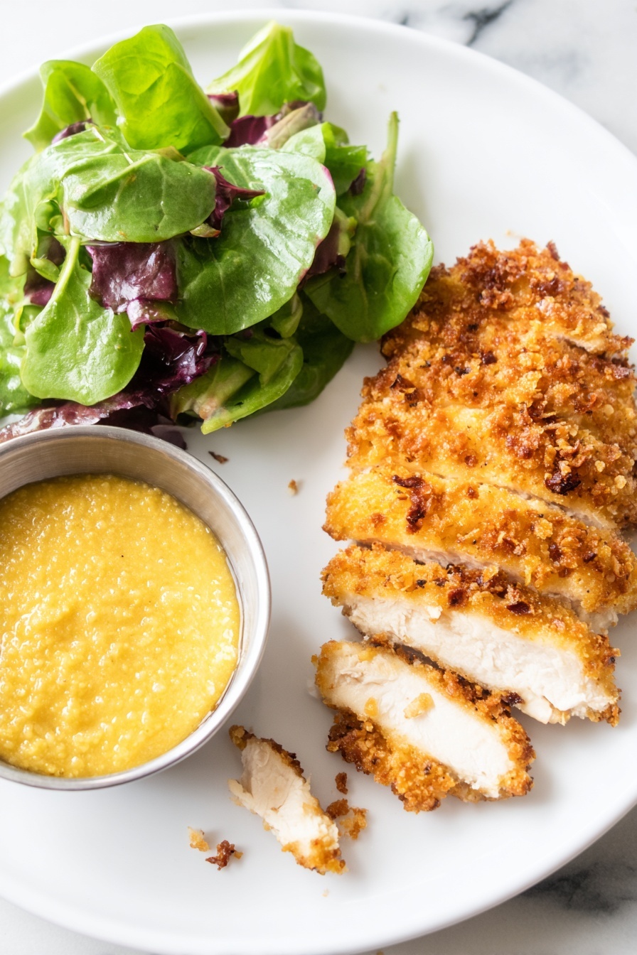 Crispy Air Fryer Parmesan Chicken, healthy chicken recipes, easy air fryer chicken, crunchy baked chicken, quick dinner ideas - A white plate with three main parts: on the right, a sliced golden brown crispy breaded chicken, showing white meat inside with some crumbs scattered around; at the top left, fresh green and purple leafy salad with soft, wavy leaves; at the bottom left, a small metal bowl filled with a thick, yellow creamy sauce that has a slightly grainy texture. The plate is on a white marbled surface. Photo taken with an iphone --ar 2:3 --v 7