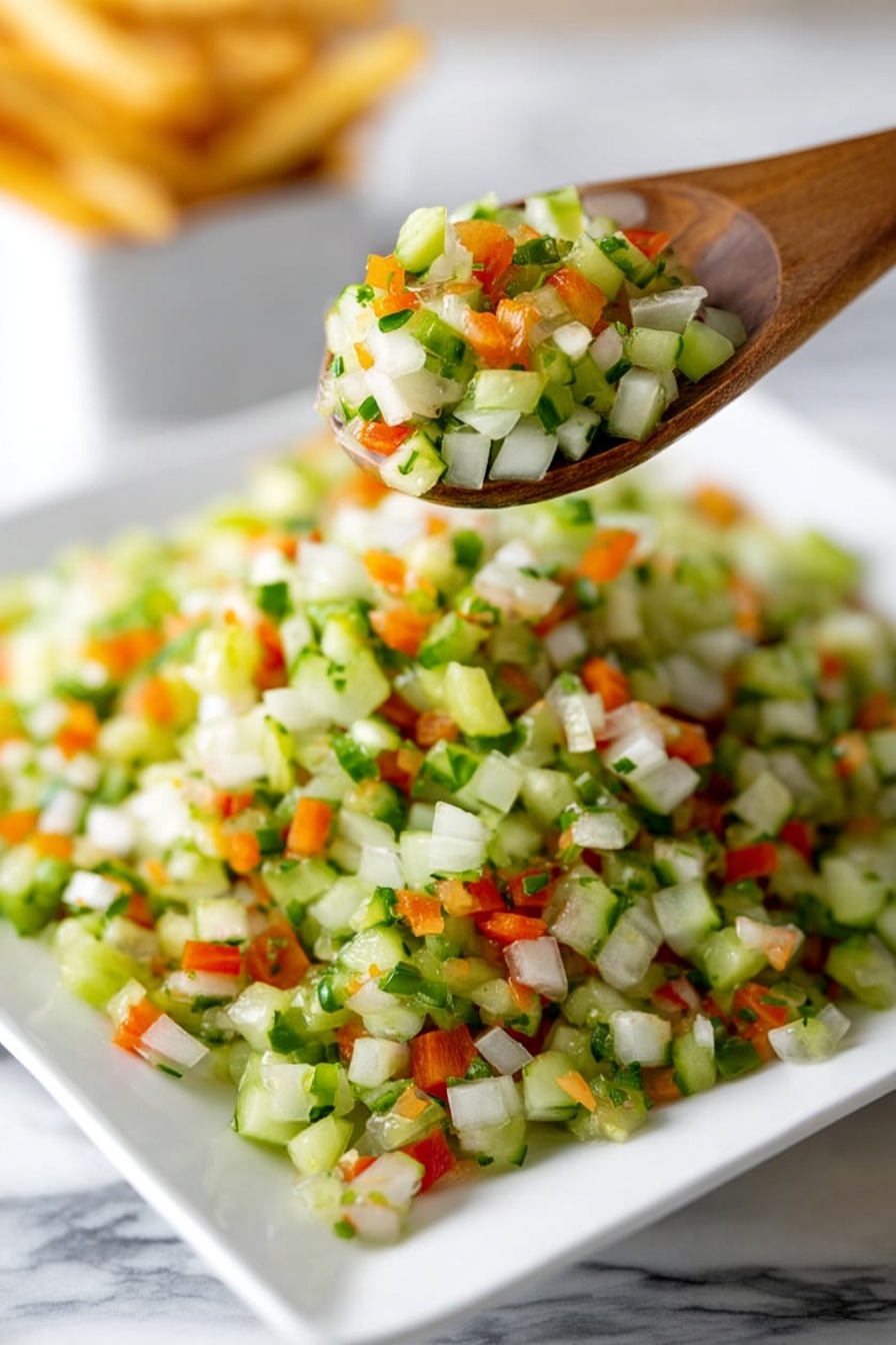 Dill Pickle Salsa, Dill Pickle Salsa recipe, tangy pickle salsa, crunchy pickle salsa, quick salsa recipe - A close-up image of a white square plate filled with finely chopped vegetables arranged in a loose pile. The vegetables include small cubes of green cucumber, white onion, and bright orange carrot, creating a colorful mix. A wooden spoon is lifting a portion of the chopped vegetables above the plate, showing texture and freshness. The plate is set on a white marbled surface, and a blurred container of fries is seen in the background on the right. Photo taken with an iphone --ar 2:3 --v 7