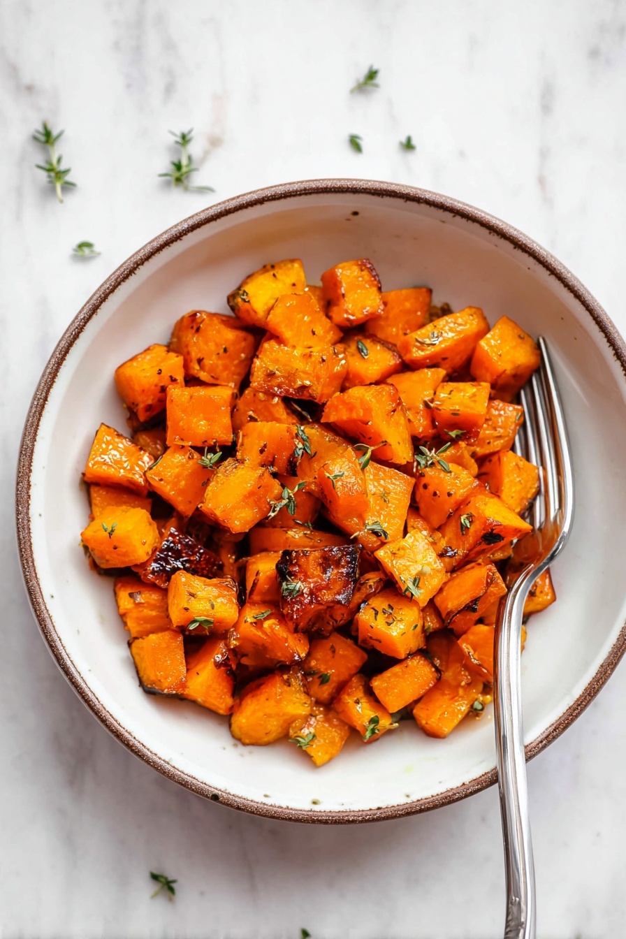 Roasted Butternut Squash with Herbs, roasted squash recipes, healthy vegetable side dish, easy fall side dish, flavorful roasted squash - The image shows a white bowl with a thin brown rim filled with small cubed roasted orange vegetables, likely sweet potatoes or butternut squash, some pieces have browned edges for a slightly charred look. The roasted cubes are shiny with a light glaze and sprinkled with small green herb leaves, possibly thyme, scattered across both the bowl and the white marbled surface underneath. A silver fork with a simple design is placed inside the bowl resting on the right side among the vegetables. The overall presentation has warm orange and green tones set against the clean white bowl and white marbled texture background. photo taken with an iphone --ar 2:3 --v 7