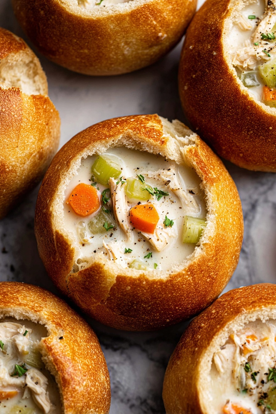 Creamy Chicken Noodle Soup, comfort food recipes, easy chicken soup, hearty noodle soup, homemade chicken noodle soup - The image shows a close-up of several round bread bowls with golden-brown crusts, each filled with creamy white chicken soup. The soup inside has visible layers of lightly cooked orange carrot slices, pale green celery pieces, and white shredded chicken, topped with small sprigs of green herbs and a bit of black pepper. The bread bowls have their tops removed and placed nearby, showing the soft white interior of the bread. The arrangement is set on a surface with a white marbled texture. photo taken with an iphone --ar 2:3 --v 7