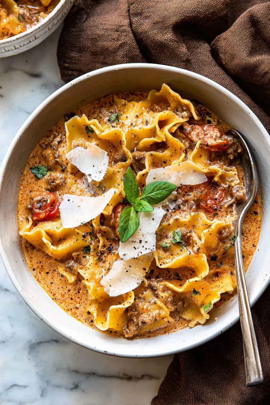 Spicy Lasagna Soup, lasagna soup recipe, comfort food soup, quick lasagna dinner, cheesy spicy soup - A white bowl filled with a creamy tomato pasta soup showing three layers: the first layer is a light orange creamy broth with small chunks of red tomatoes and herbs mixed throughout, the second layer features large, wavy-edged lasagna noodles partially submerged and curling at the edges in yellow tones, and the top layer is sprinkled with thin white cheese shavings and small green herb leaves scattered across the surface. The bowl sits on a light brown fabric, with a blurred background that hints at a dark wooden table and a metallic pot with dark liquid nearby. Photo taken with an iphone --ar 2:3 --v 7