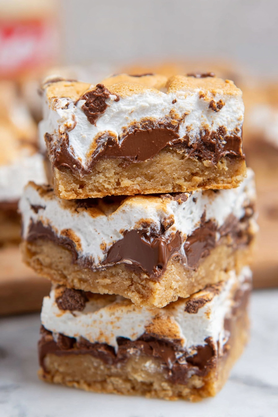 Gooey Cookie Butter S'mores Blondies, cookie butter blondies, s'mores dessert recipes, easy blondie recipes, chocolate marshmallow blondies - A close-up top view of a rectangular white tray lined with shiny silver foil, filled with a thick layer of light brown mixture that looks wet and unevenly spread, with bubbles and small lumps visible across the surface, giving it a textured look. The tray is placed on a white marbled surface, with a cracked eggshell piece partially visible near the top right corner. The photo taken with an iphone --ar 2:3 --v 7