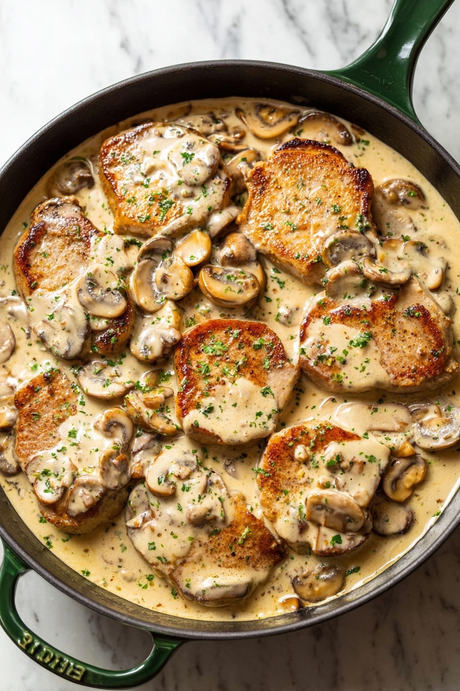 Creamy Mushroom Pork Tenderloin, easy pork tenderloin recipe, mushroom sauce pork, quick dinner ideas, flavorful pork recipes - The image shows a black pan with a green handle filled with evenly spaced cooked pork slices in a creamy sauce. The top layer is mushrooms, light to medium brown, floating in a thick, smooth pale beige creamy sauce that covers the pork and fills the pan. The pork slices have a golden brown crust on the edges, with the creamy sauce and mushrooms resting over and around them. Small green bits of chopped herbs are sprinkled across the dish, adding a touch of color contrast. The pan sits on a white marbled surface. Photo taken with an iphone --ar 2:3 --v 7