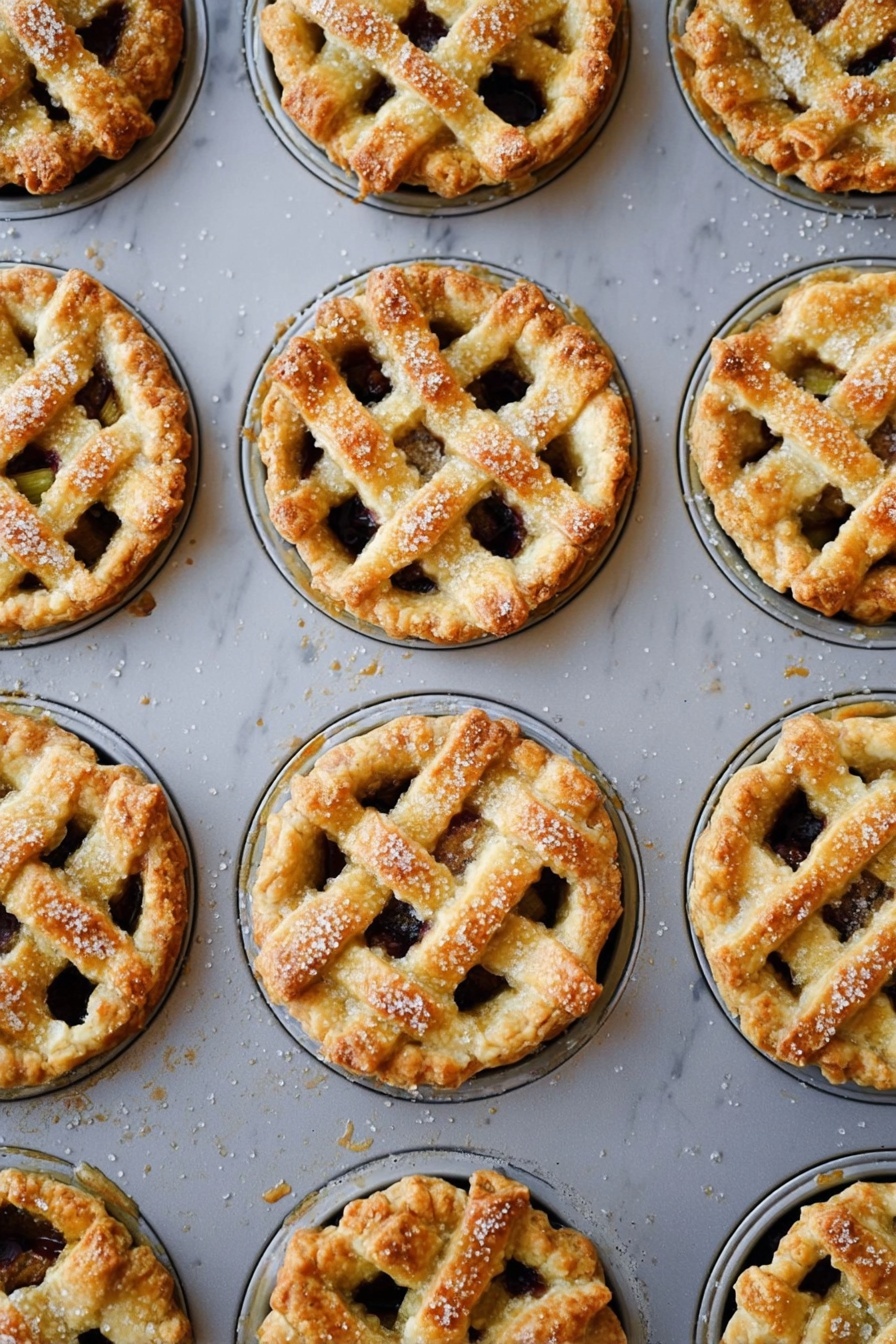 Mini Apple Pie Muffins, apple pie muffins, easy apple muffins, handheld apple desserts, cinnamon apple muffins - The image shows a grey metal muffin tray filled with twelve mini lattice pies. Each pie has a golden-brown crust with crisscrossed dough strips on top, sprinkled with coarse sugar that sparkles. The lattice crusts are uneven in thickness but all have a soft, flaky texture with slightly browned edges. Inside, the filling is dark, peeking through the lattice gaps. The pies look freshly baked and are still in the muffin tray on a white marbled surface. Photo taken with an iphone --ar 2:3 --v 7