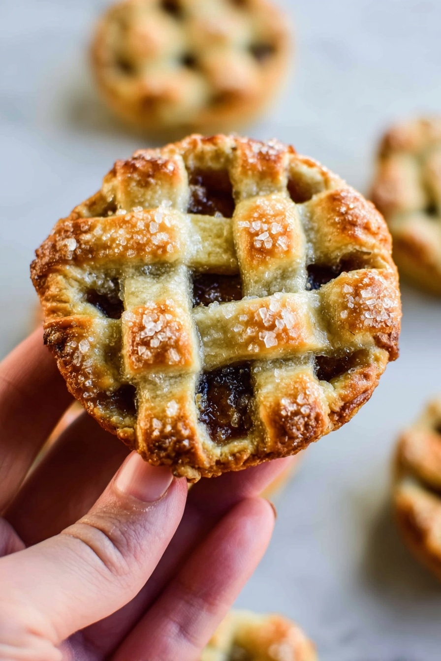Mini Apple Pie Muffins, apple pie muffins, easy apple muffins, handheld apple desserts, cinnamon apple muffins - A close-up of a small round pie held by a woman's hand with a golden-brown crust woven into a lattice pattern on top. The crust is sprinkled with coarse sugar crystals that catch the light, giving a crunchy texture look. Under the lattice, dark fruit filling peeks through the gaps. The pie rests above a white marbled surface with more similar pies blurred in the background, showing their even layer of golden crust and sugar topping. photo taken with an iphone --ar 2:3 --v 7
