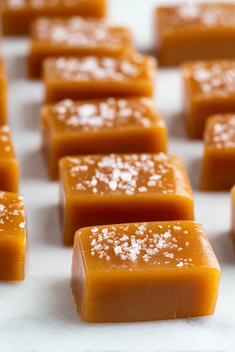 Homemade Salted Caramels, salted caramel recipe, easy homemade caramels, chewy caramel candies, salted caramel candies - The image shows several small rectangular caramel pieces arranged in neat rows on a piece of white parchment paper. Each caramel piece is smooth and shiny with a rich light brown color and is sprinkled with small white salt flakes on top, giving a textured look. The caramels sit on a white marbled surface, adding a clean and bright background to the image. The photo is taken up close, showing the glossy and soft texture of the caramels clearly. photo taken with an iphone --ar 2:3 --v 7
