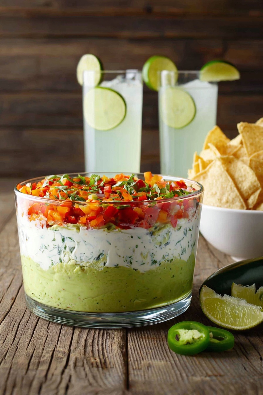 Triple Layer Guacamole Dip with Cotija and Salsa, party guacamole dip, layered guacamole recipe, Mexican party dip, easy guacamole with cotija - A clear glass bowl sits on a wooden table with three distinct layers of dip inside: the bottom layer is smooth green guacamole, the middle layer is a creamy white sour cream mix with herbs, and the top layer is a colorful mix of finely chopped red tomatoes, orange bell peppers, and green herbs. Behind the bowl, two clear glasses filled with a light green drink garnished with lime slices are placed, along with a tall white bowl filled with light yellow tortilla chips. Lime wedges and a halved green jalapeño pepper lie on the table next to the bowls. The background features a dark wooden wall, and the surface is replaced with a white marbled texture. photo taken with an iphone --ar 2:3 --v 7