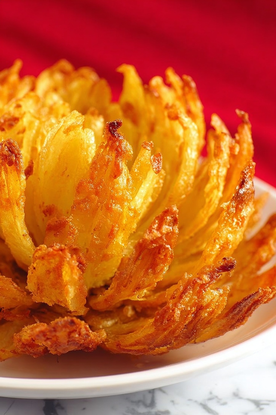 Crispy Blooming Onion with Dipping Sauce, crispy onion appetizer, blooming onion recipe, easy party appetizers, fried onion snacks - The image shows a close-up of a blooming onion, with many thick, crispy, golden-yellow petal-like layers fanning out from the center on a white plate. Each layer has a crunchy texture with a slightly rough surface, and the edges are darker golden brown, showing it is fried. The background has a bright red cloth and a white marbled surface that contrasts with the warm tones of the onion. The photo taken with an iphone --ar 2:3 --v 7