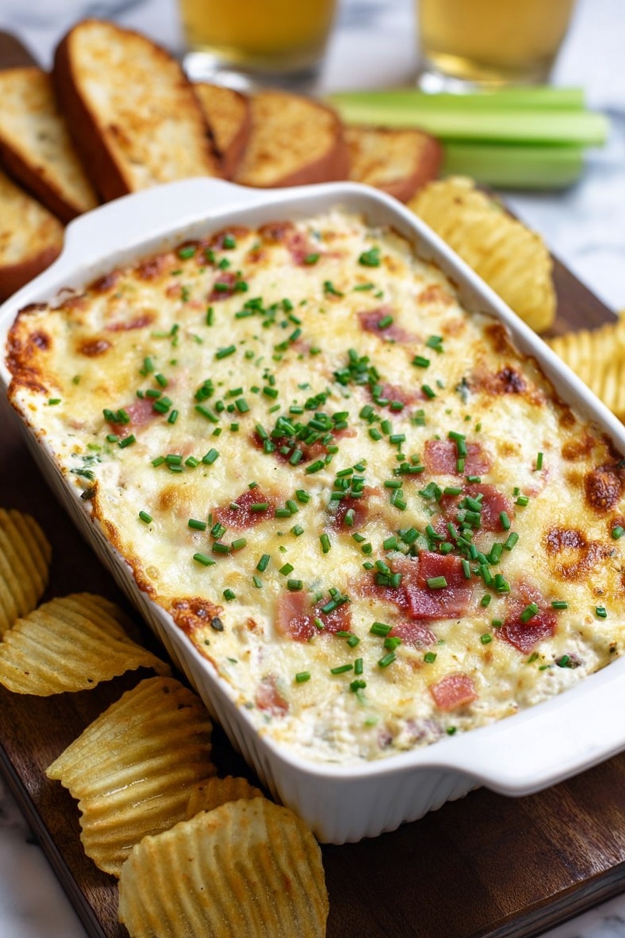 Baked Bacon Blue Cheese Dip, blue cheese dip, bacon dip, cheesy bacon appetizer, savory party dip - A white rectangular baking dish holds a creamy baked dip with a golden-brown top sprinkled generously with bright green chopped chives. The dip’s surface is bubbly and slightly browned in spots, showing a rich, cheesy texture mixed with small bits of bacon or similar ingredients. The dish sits on a wooden board alongside golden toasted bread slices and several ridged potato chips, with a blurry green celery stick and a glass of beer in the background, all placed on a white marbled surface. photo taken with an iphone --ar 2:3 --v 7