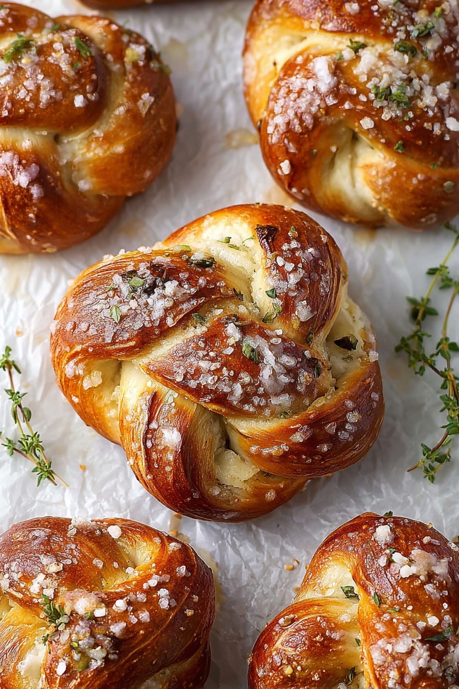 Mozzarella Stuffed Herb Soft Pretzels, cheesy herb soft pretzels, homemade stuffed pretzels with cheese, easy herb soft pretzel recipe, baked cheese stuffed pretzels - The image shows four golden-brown knotted bread rolls with a soft, slightly shiny top layer that is speckled with small green herb bits and a light dusting of white powder. Each roll has thick dough twisted into a knot shape, revealing a creamy white filling inside the folds, contrasting with the golden crust. The rolls rest on a beige baking mat with a red border, placed on a white marbled surface that has a few fresh rosemary sprigs scattered around. The texture of the bread looks fluffy inside and crisp on the outside, with some uneven browning adding a homemade feel. photo taken with an iphone --ar 2:3 --v 7