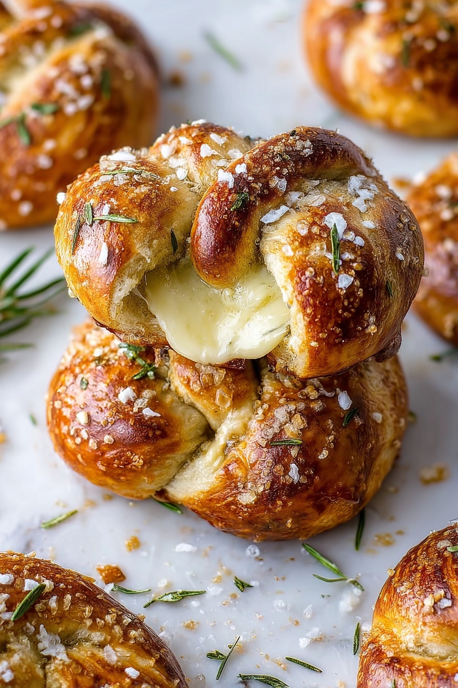 Mozzarella Stuffed Herb Soft Pretzels, cheesy herb soft pretzels, homemade stuffed pretzels with cheese, easy herb soft pretzel recipe, baked cheese stuffed pretzels - The image shows soft, golden-brown pretzel knots with a shiny and slightly crispy outer layer, topped with a light sprinkling of white salt crystals and small green herb bits. Each pretzel has multiple twisted layers, showing a contrast between the darker browned crust and the lighter, airy inside dough in between the twists. They rest on white parchment paper over a white marbled surface. Small sprigs of fresh herbs are visible near some pretzels, adding a touch of green. The scene focuses closely on the pretzels, highlighting their texture and color variations photo taken with an iphone --ar 2:3 --v 7