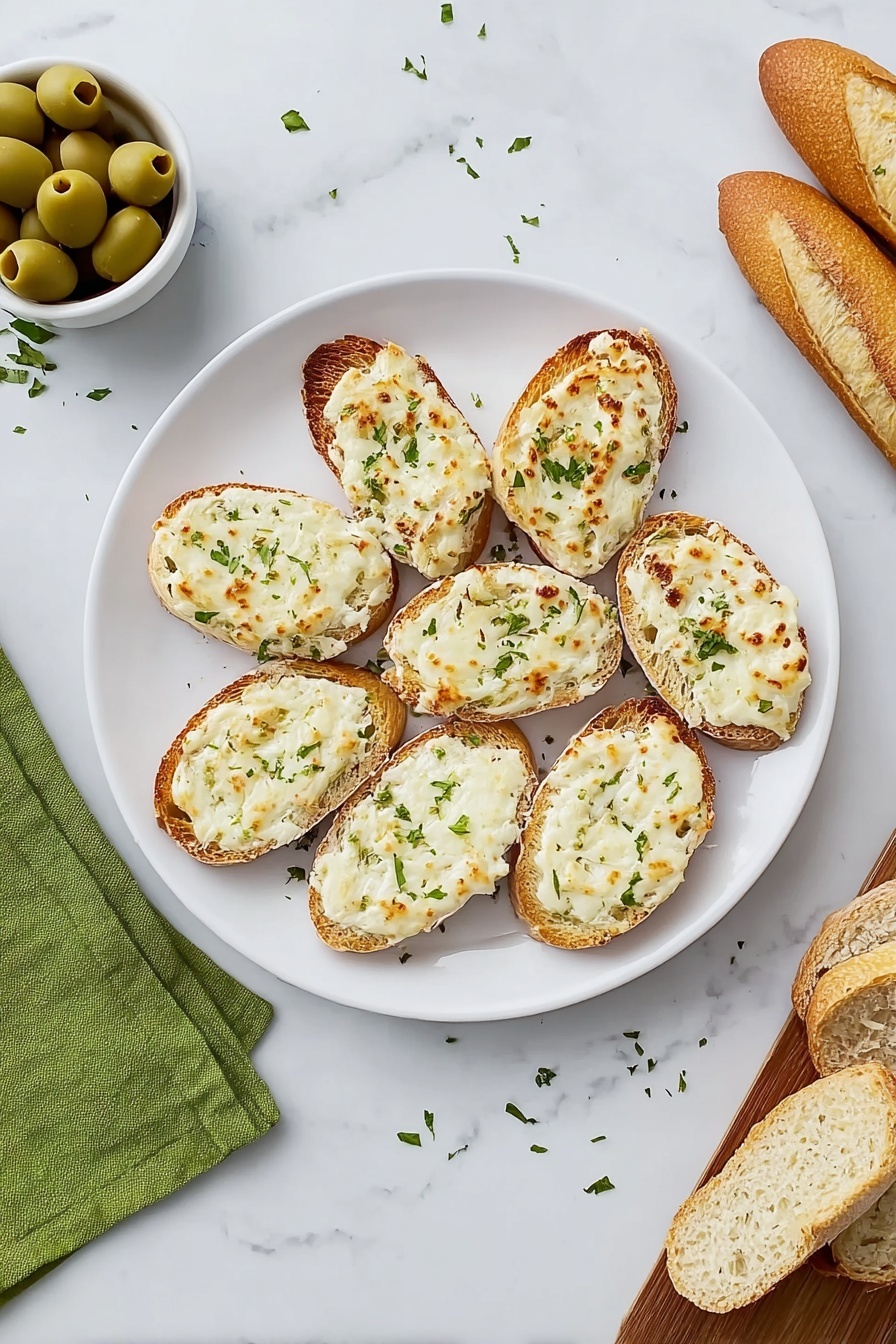 Cheesy Artichoke Bruschetta, artichoke appetizer, cheesy crostini, easy party appetizers, flavorful bruschetta recipe - A white plate holds eight slices of toasted bread arranged in a circle, each topped with a creamy white spread that has a slightly browned and bubbly texture on top, sprinkled with small green herb pieces. The toast's crust is light brown and crisp. The plate rests on a white marbled surface. Nearby, a green cloth napkin has scattered parmesan flakes and two baguette slices placed on a small wooden board next to a white bowl of sliced green olives. Photo taken with an iphone --ar 2:3 --v 7