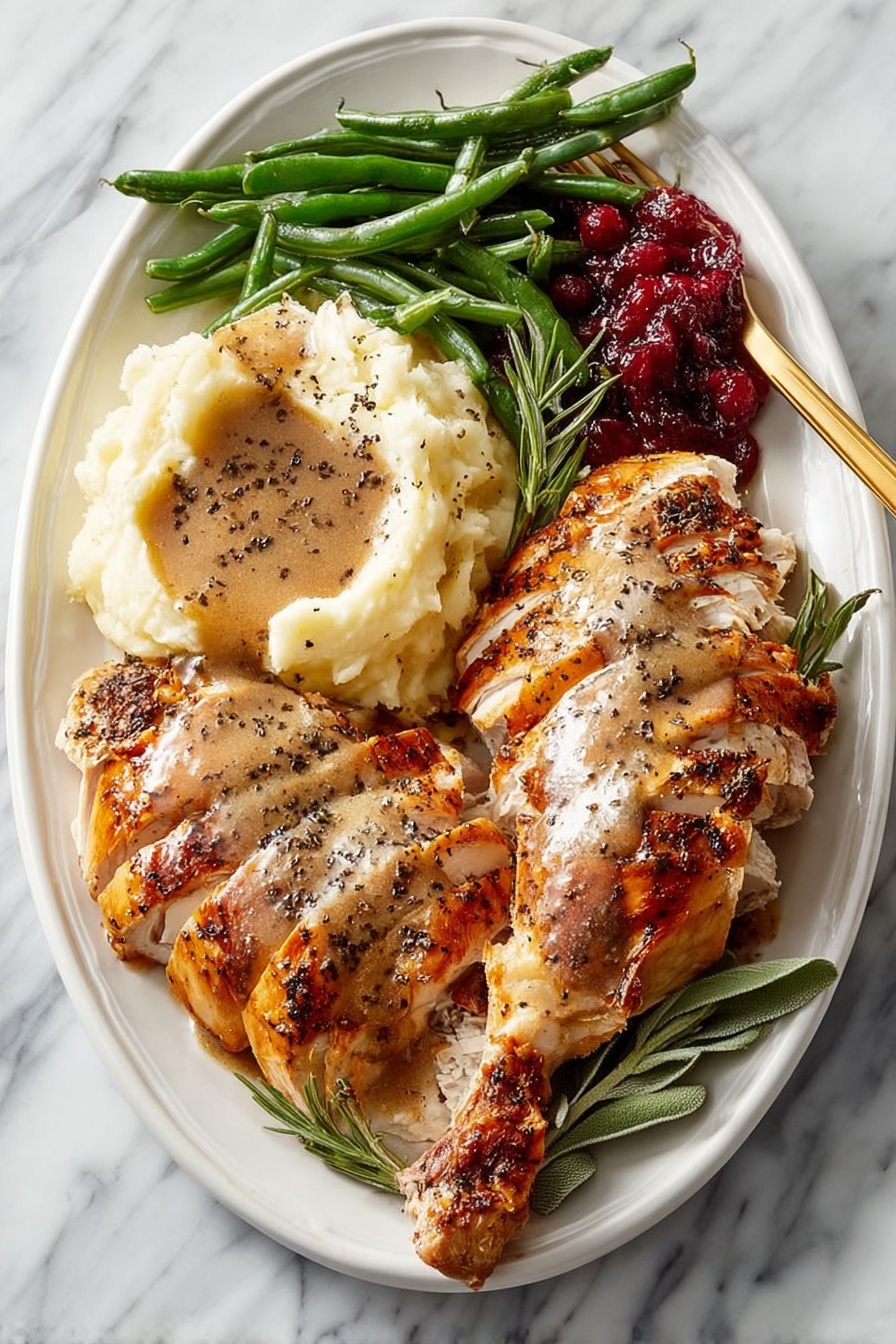 Herb Butter Roasted Turkey, roasted turkey with herb butter, juicy herb turkey recipe, flavorful turkey roast, perfect holiday turkey - A white plate holds a meal with four parts: on the left, a large scoop of creamy mashed potatoes topped with smooth brown gravy and sprinkled with black pepper; at the top left, a pile of bright green cooked green beans glazed with the same brown gravy; on the top right, a rich, glossy, deep red cranberry sauce with a jelly-like texture; and on the right side, slices of golden-brown roasted chicken with a light crust, generously covered in brown gravy. A gold fork is placed near the potatoes on a white marbled surface. Photo taken with an iphone --ar 2:3 --v 7