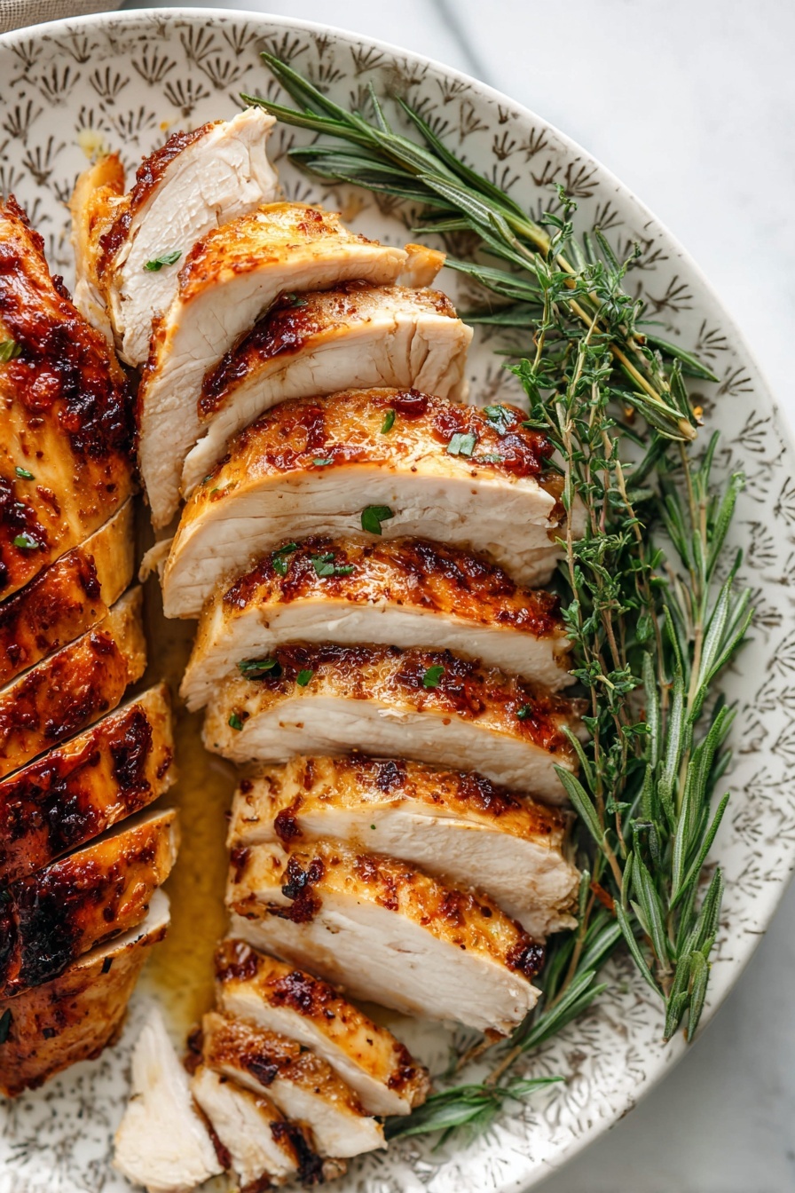 Roasted Turkey Breast with Herb Butter, Herb Butter Turkey Breast, Juicy Roasted Turkey, Holiday Turkey Main Course, Easy Turkey Roast - The image shows sliced roasted chicken with golden brown, crispy skin and juicy white meat inside, arranged in two rows on a white patterned plate. The chicken slices have a slightly shiny texture from the glaze and small charred spots. Fresh green rosemary and thyme sprigs are placed on the right side of the plate, adding color and freshness. The plate is set on a white marbled surface. Photo taken with an iphone --ar 2:3 --v 7