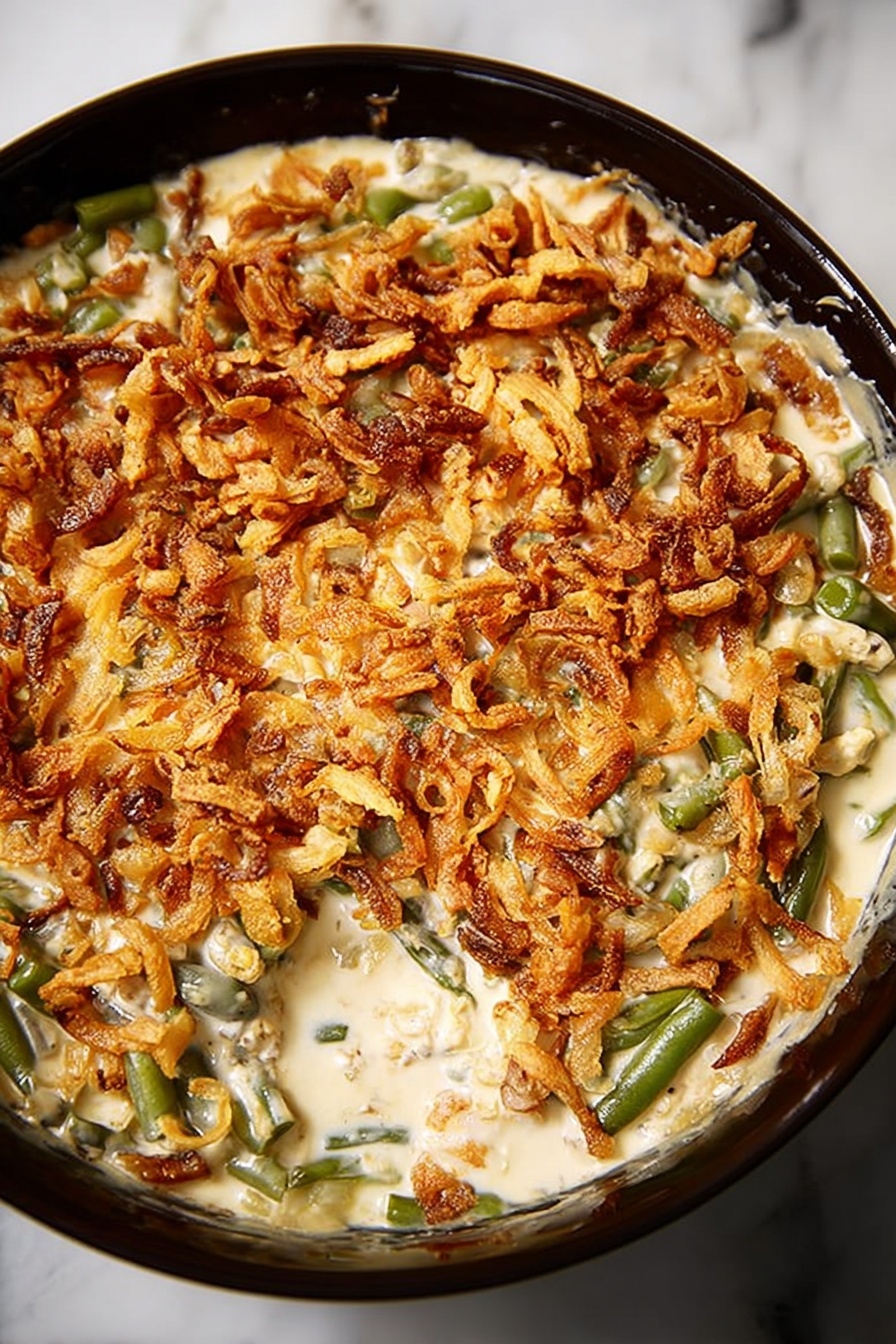 Green Bean Casserole with Bacon and Mushrooms, green bean casserole with bacon, mushroom green bean bake, savory green bean casserole, easy green bean side dish - The dish is a creamy casserole with visible layers of green beans mixed into a thick, light beige sauce. The top layer is covered with crispy golden-brown fried onions scattered unevenly across the surface. A spoon with a red handle is lifting a scoop from the center, showing a mix of green beans, sauce, and fried onions. The casserole is served in a dark round dish placed on a white marbled surface. The texture of the sauce looks smooth and rich, contrasting with the crunchy onion topping photo taken with an iphone --ar 2:3 --v 7