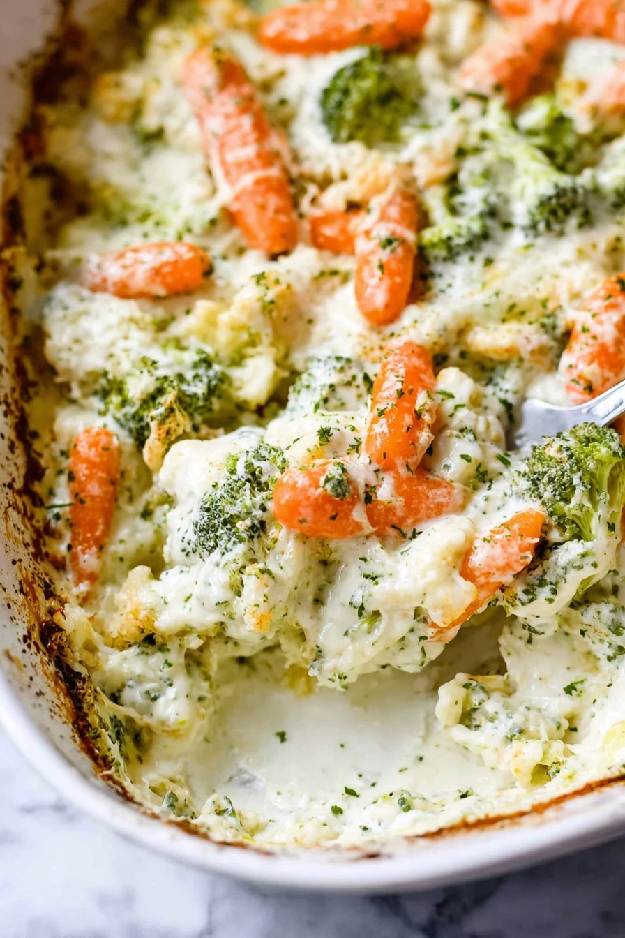 Creamy Vegetable Casserole with Cheese, vegetable casserole recipes, cheesy vegetable bake, healthy vegetable casserole, easy cheesy veggie dish - The image shows a close-up of a creamy vegetable casserole in a white dish on a white marbled surface. The dish has three main visible layers: small bright orange baby carrots scattered on top, green broccoli florets mixed evenly through a thick white creamy sauce that covers the vegetables, and some hints of cauliflower underneath. The sauce looks smooth with a few herbs sprinkled on top, giving small green specks. The edges of the dish show slight browning from baking. A silver spoon is partially visible on the right side, scooping into the creamy vegetable mix. Photo taken with an iphone --ar 2:3 --v 7