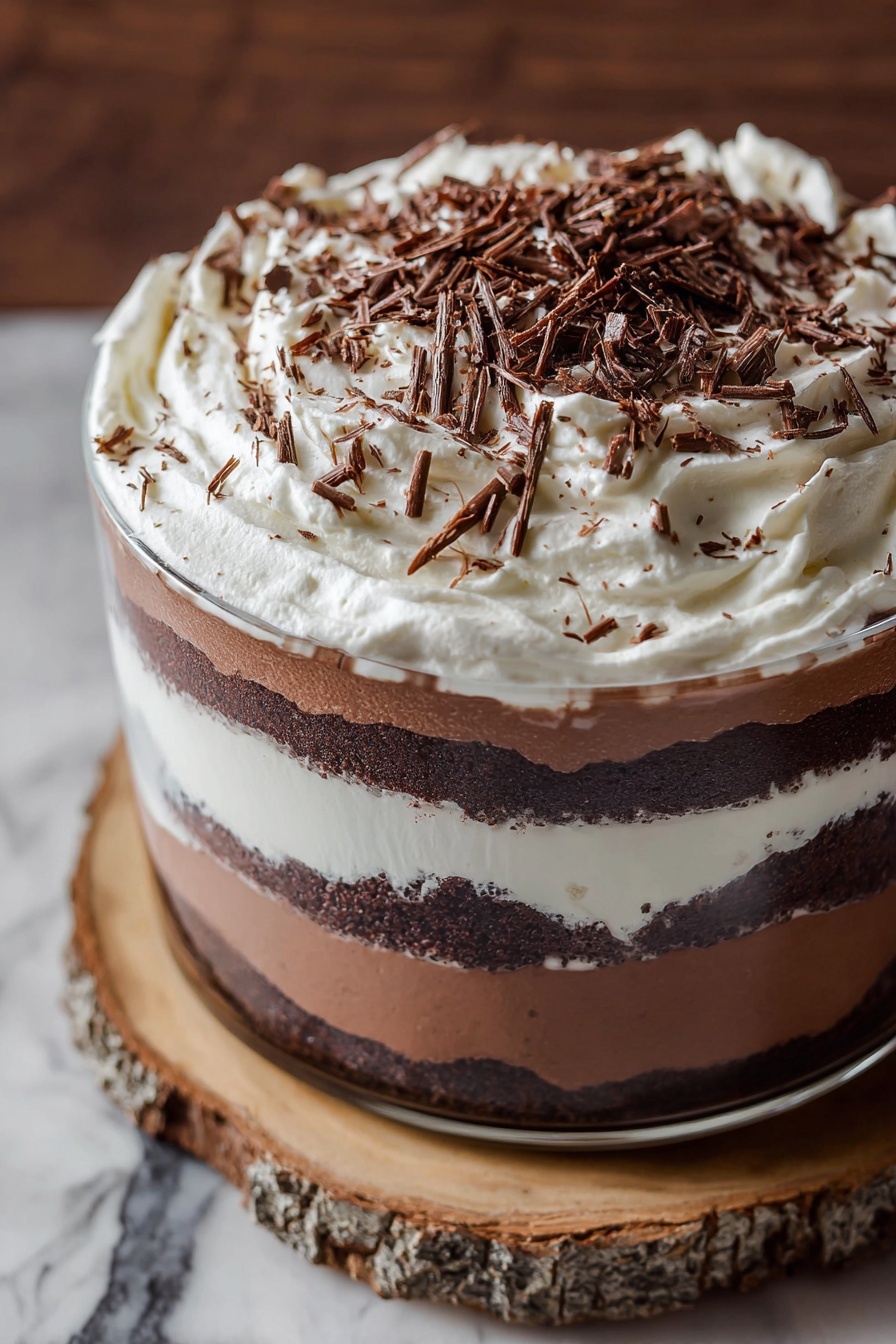 Chocolate Brownie Trifle, chocolate dessert, layered brownie trifle, easy chocolate dessert, no-bake chocolate trifle - The image shows a tall, round layered cake with three visible layers. The bottom and middle layers are dark brown with a smooth texture, while the middle layer is separated by a thick white cream layer in the center. The top layer is made of white whipped cream with a soft, fluffy texture, decorated with scattered dark chocolate shavings. The cake sits on a light wooden board on a white marbled surface with a soft beige cloth nearby. Photo taken with an iphone --ar 2:3 --v 7