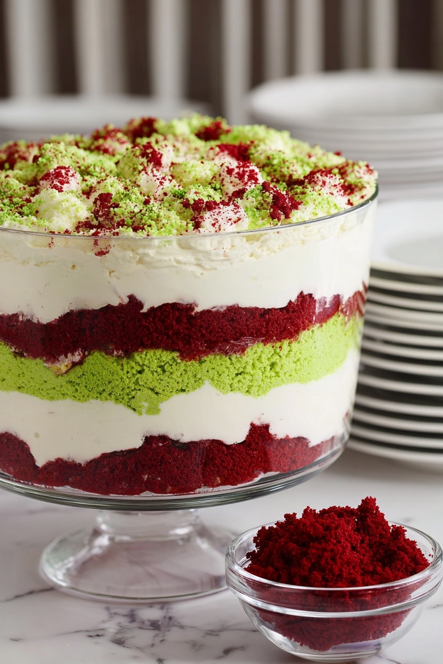 Festive Red Velvet and Green Cake Trifle, holiday dessert, Christmas cake trifle, layered festive dessert, red velvet green cake - The dish is a layered trifle dessert in a clear glass bowl showing five layers: the bottom layer is deep red crumbly cake, followed by a thick white creamy layer, then a bright green crumbly cake layer, another thick white creamy layer above it, and finally topped with a mix of green and red crumbly cake bits scattered loosely on top. Next to the bowl is a small clear glass bowl filled with deep red cake crumbs. The dish is set on a white marbled surface with a blurred background of some stacked white plates. The textures show soft crumbs and smooth cream clearly. Photo taken with an iphone --ar 2:3 --v 7