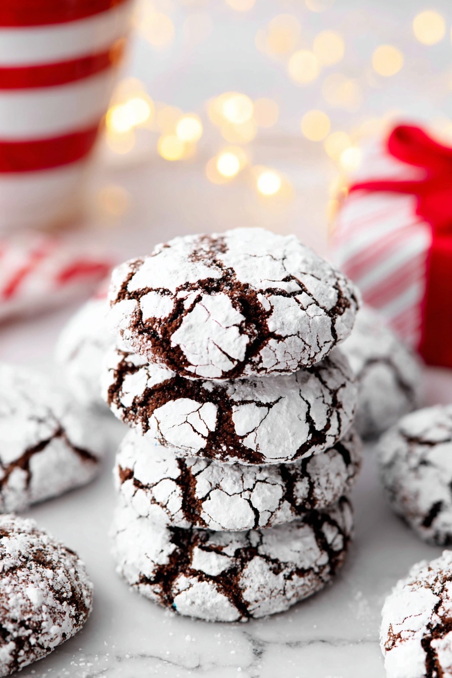 Chewy Chocolate Crinkle Cookies, chocolate crinkle cookies recipe, easy chocolate cookies, fudgy chocolate cookies, crackled chocolate cookies - A white plate holds a pile of dark brown chocolate cookies, each covered in a cracked white powdered sugar layer that creates a cracked pattern on top. The cookies are round and soft-looking, stacked so they overlap slightly. In the background, there is a blurred red and white striped cup and a small red and white wrapped gift, with warm yellow bokeh lights softly glowing on a white marbled surface. The scene feels bright and festive with a cozy holiday mood. photo taken with an iphone --ar 2:3 --v 7