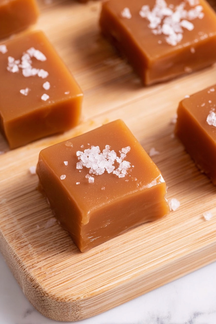 Apple Cider Caramels, fall caramel recipes, homemade apple cider candies, cozy caramel treats, festive apple dessert - The image shows several square caramel candies placed on a light wood cutting board. Each caramel is smooth and glossy with a soft brown color and a slightly translucent texture. On top of each caramel are flakes of white sea salt, adding contrast and a rough texture against the smooth surface of the caramel. The candies are arranged close but not touching, and the cutting board has light grain patterns visible. The background is a white marbled texture. photo taken with an iphone --ar 2:3 --v 7
