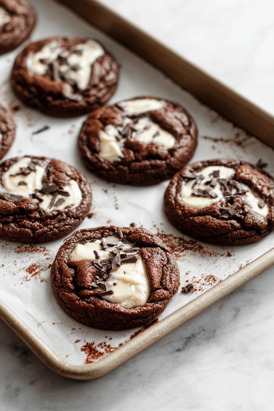 Chocolate Marshmallow Swirl Cookies, chocolate marshmallow cookies, gooey chocolate cookies, marshmallow swirl cookies, easy chocolate cookie recipe - The image shows a baking tray with a white parchment paper lining, filled with round, soft-looking chocolate cookies. Each cookie has a dark brown base with patches of white creamy filling swirled in the center, some edges slightly cracked, with small pieces of chocolate scattered on top. The tray sits on a white marbled surface, and the cookies are arranged in two rows, some closer to the edge of the tray with crumbs around. The lighting highlights the different textures of the cookies, making the chocolate and cream colors clear and rich. Photo taken with an iphone --ar 2:3 --v 7