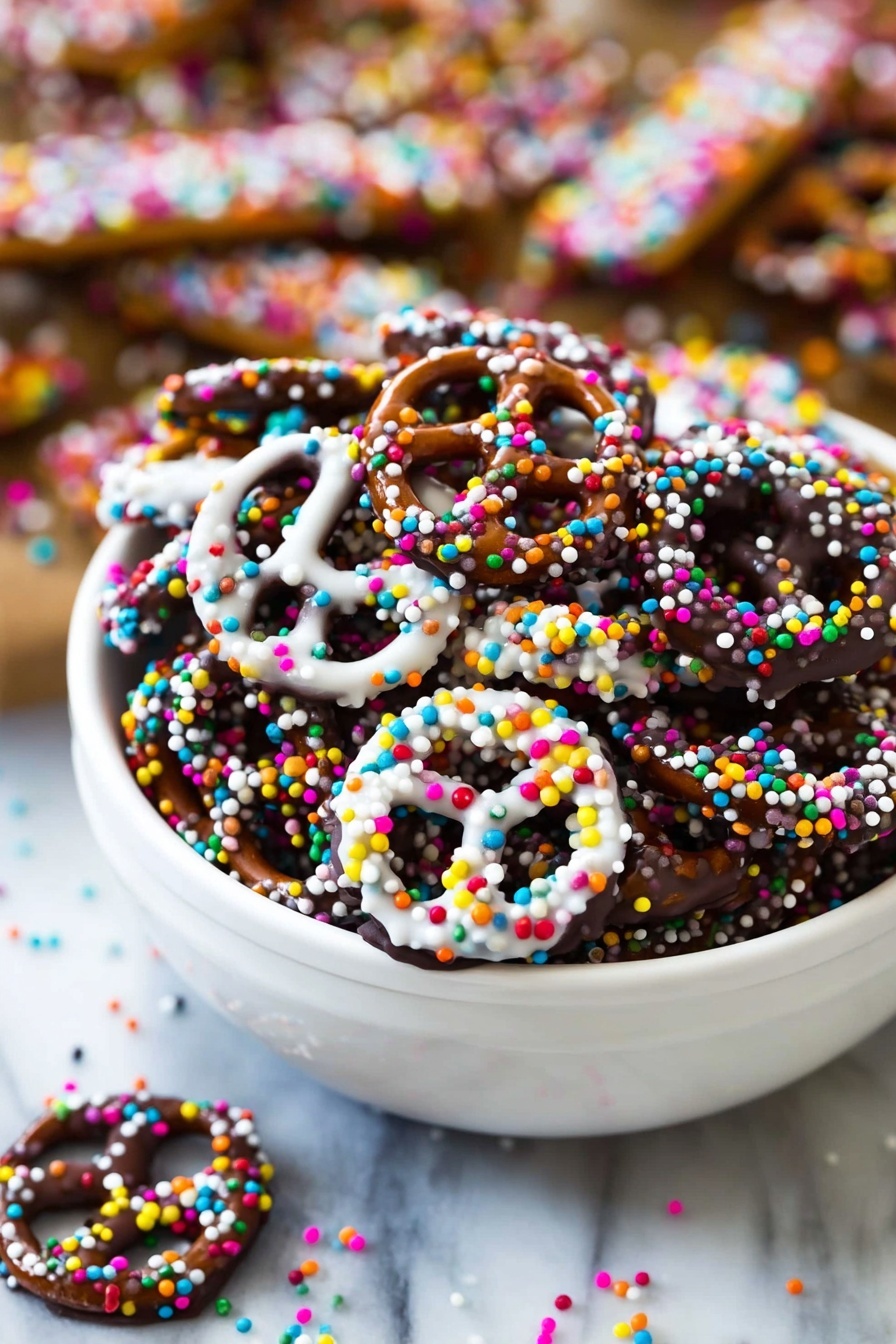 Chocolate Covered Pretzels, Pretzels with Chocolate, Easy Pretzel Snack, Salty and Sweet Pretzels, Homemade Pretzel Treats - A white plate filled with two types of pretzels and pretzel sticks. One type of pretzel is coated in smooth white chocolate with red, green, and white round sprinkles scattered evenly. The other type is coated in dark chocolate with the same colored round sprinkles. Alongside the pretzels, there are six pretzel sticks dipped partially in white or dark chocolate, decorated with red, green, white round and long sprinkles, and lightly sprinkled golden sugar crystals on the pretzels' light brown exposed parts. The plate sits on a white marbled surface with some pine green branches visible at the bottom right corner. Photo taken with an iphone --ar 2:3 --v 7