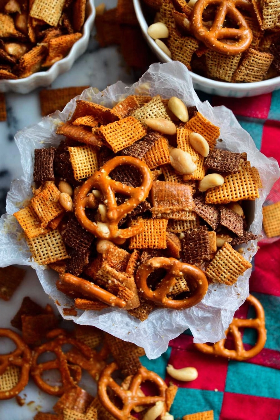 Christmas Savory Snack Mix, festive savory snack mix, holiday party snack ideas, easy holiday snack recipe, flavorful Christmas snack mix - A close-up of a mix of snacks piled in a bowl lined with white parchment paper, sitting on a white marbled surface; the mix shows layers of light orange square crackers with a smooth texture, dark brown woven cereal pieces with a rough texture, golden pretzels with a shiny surface and salt specks, and small pale yellow peanuts scattered throughout. The background has a colorful checkered cloth with red, turquoise, and beige squares, adding contrast to the snack pile. Some of the snack mix is spilled outside the bowl onto the marbled surface, with two white bowls partially visible containing more of the same snack mix. photo taken with an iphone --ar 2:3 --v 7