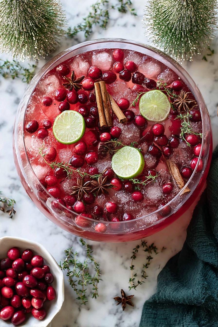 Festive Cranberry Lemonade Punch, holiday non-alcoholic drinks, Christmas punch recipes, tart and sweet holiday beverages, quick festive punch - A clear glass bowl filled with a red drink layered with crushed ice, floating whole bright red cranberries, three brown cinnamon sticks, four round green lime slices, small green sprigs resembling thyme, and small star-shaped brown star anise. The bowl sits on a table with a white marbled texture. Nearby, there is a small white bowl filled with red cranberries. Around the bowl, there are small artificial green pine tree decorations and some scattered green sprigs. A dark green cloth is partially visible in the lower right corner. Photo taken with an iphone --ar 2:3 --v 7