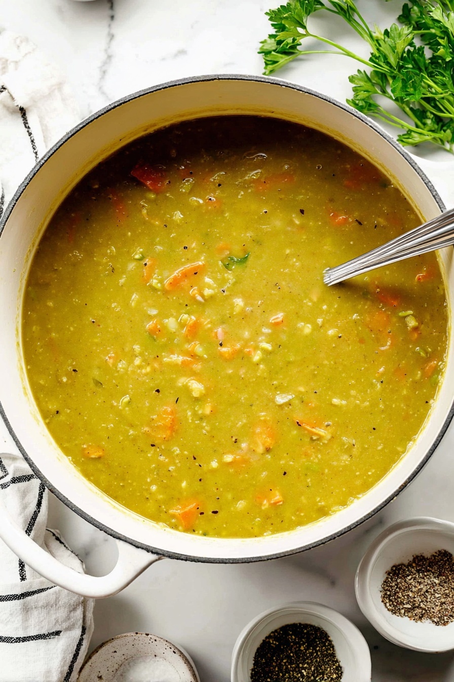 Creamy Split Pea Soup with Ham, hearty split pea soup with ham, easy ham and split pea soup, comforting ham and pea soup recipe, creamy pea ham soup - A large white pot filled with thick green split pea soup, showing small orange carrot pieces and light brown bits spread throughout the smooth, slightly chunky soup. A silver ladle is dipped into the soup on the right side. Around the pot, there are small white bowls with black pepper and chopped green herbs, and a white marbled surface underneath. Some green parsley leaves appear in the upper part of the image, and a white cloth with black stripes is visible on the left. photo taken with an iphone --ar 2:3 --v 7