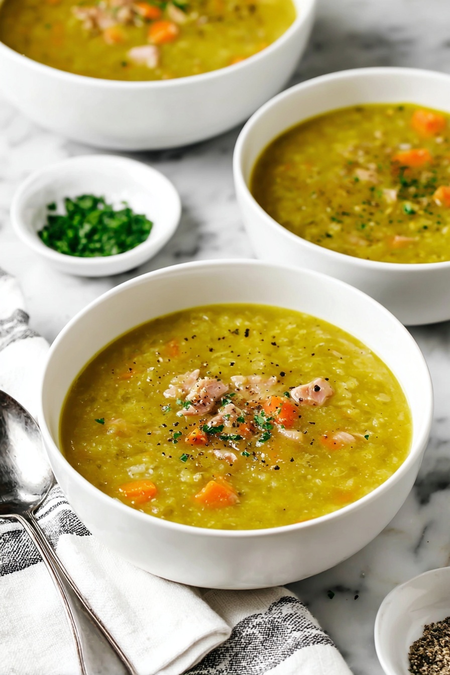 Creamy Split Pea Soup with Ham, hearty split pea soup with ham, easy ham and split pea soup, comforting ham and pea soup recipe, creamy pea ham soup - The image shows a white bowl filled with thick yellow-green soup that has small pieces of orange carrot and light pink chunks of meat inside. The soup is topped with small green herb bits and black pepper. Another bowl of the same soup is behind it, slightly out of focus. To the right side, there are two small white bowls, one filled with chopped green herbs and the other with coarse salt and pepper. A silver spoon rests beside the front bowl on a white cloth with black stripes, all placed on a white marbled surface. Photo taken with an iphone --ar 2:3 --v 7