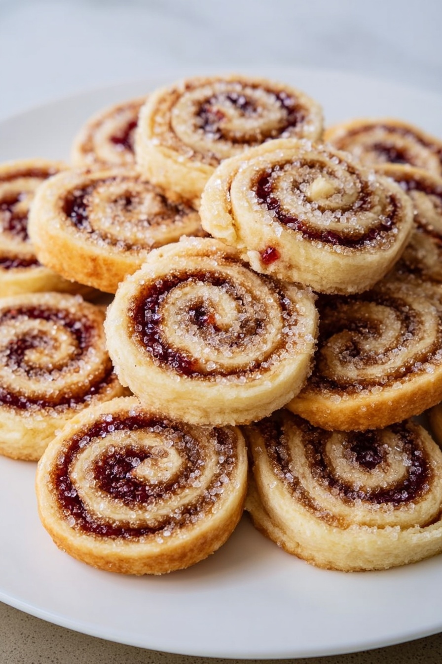 Raspberry Pinwheel Cookies, raspberry swirl cookies, festive cookie recipes, easy pinwheel cookies, raspberry jam cookies - A white plate filled with about a dozen round pastry pinwheels stacked in a small pile. Each pinwheel has a light golden dough base rolled with layers of dark red jam and a cinnamon-brown filling creating a spiral pattern. Large white sugar crystals are sprinkled on top of the pinwheels, adding a rough, crunchy texture that sparkles under light. The plate sits on a white marbled surface. Photo taken with an iphone --ar 2:3 --v 7