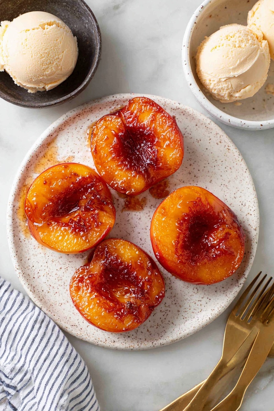 Air Fryer Peaches with Cinnamon Sugar, easy air fryer peach dessert, caramelized peaches with cinnamon, quick peach dessert recipes, healthy fruit desserts - The image shows five cooked peach halves with a shiny, caramelized reddish-brown glaze on a round white speckled plate. Each peach half has a golden-orange color with a darker brown edge and a glossy wet center. The plate sits on a white marbled surface, and to the top left, there is a small dark bowl containing two rounded scoops of pale cream-colored ice cream. To the top right, a white speckled bowl holds three gold forks. In the bottom left corner, a white fabric with navy blue stripes is visible. photo taken with an iphone --ar 2:3 --v 7