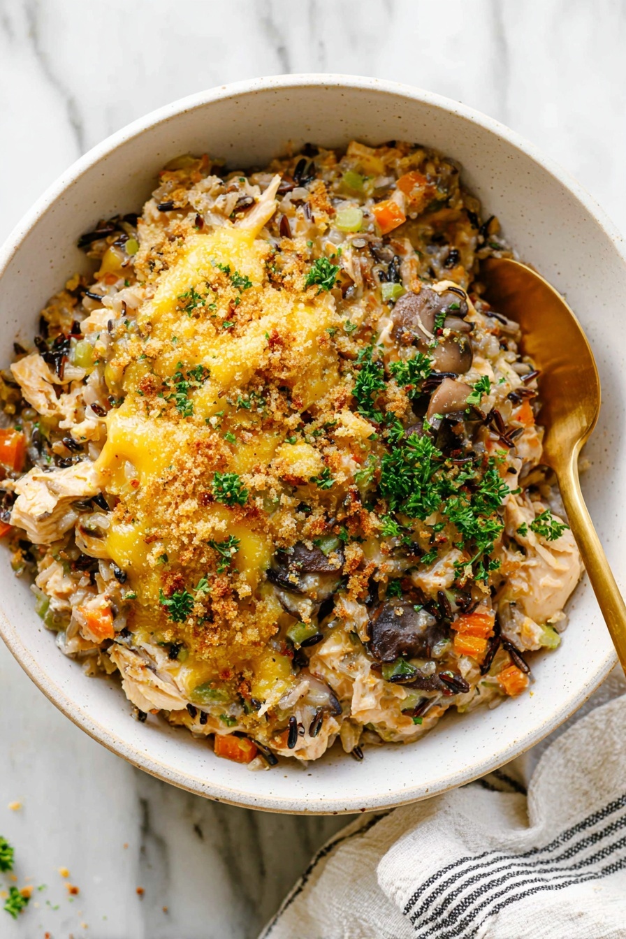 Chicken Wild Rice Casserole with Creamy Sauce, hearty chicken rice bake, creamy chicken casserole, wild rice and chicken dish, comforting casserole recipe - A white bowl filled with a creamy dish that has three main layers: the bottom layer is a mix of wild rice and small diced orange and light green vegetables, the middle layer contains tender pieces of light brown chicken and browned mushroom slices, and the top layer is covered with melted yellow cheese, green parsley, and golden breadcrumbs sprinkled evenly. A gold spoon is placed inside the bowl on the right side, and the bowl sits on a white marbled surface with a white cloth featuring dark stripes nearby, photo taken with an iphone --ar 2:3 --v 7