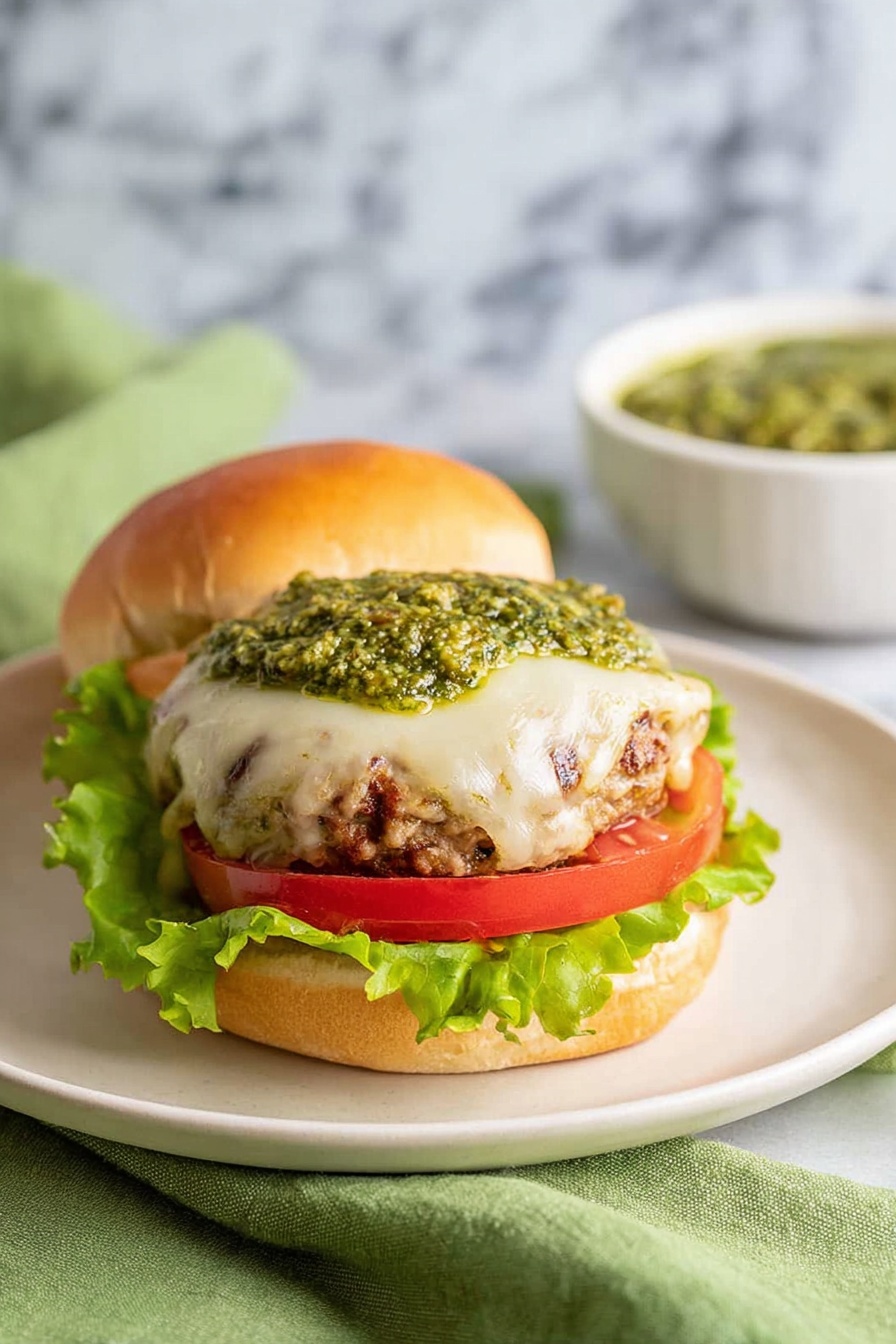 Chicken Spinach Burgers, healthy chicken burger recipe, easy spinach burger, juicy chicken patties, nutritious chicken spinach patties - A burger sits on a white plate with a white marbled surface beneath, showing four main layers. The bottom layer is a light golden brown bun with a soft texture, topped with a fresh, bright green leaf of lettuce. Above the lettuce is a thick, red slice of tomato. On top of the tomato is a grilled patty with a slightly browned and textured surface, covered with melted white cheese that softly drapes over the edges. The top layer is a generous amount of green pesto sauce spread on the melted cheese. The top half of the bun is placed slightly behind the plate. In the background, to the right, there is a white bowl filled with the same green pesto sauce, and a green cloth is draped partly under the plate. Photo taken with an iphone --ar 2:3 --v 7