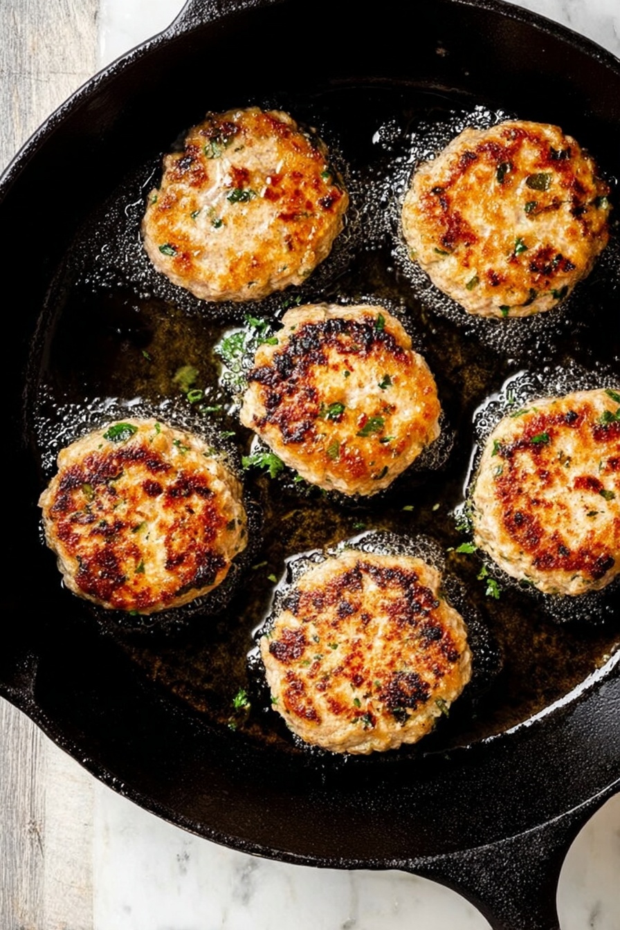 Mediterranean Chicken Patties, Mediterranean chicken patties recipe, healthy chicken patties, flavorful chicken patties, easy Mediterranean chicken recipe - There is a black cast iron pan with six small round patties frying in oil. The patties are golden brown with some darker brown spots and have small green herb pieces mixed inside. The surface of the patties looks slightly rough with a cooked texture. The pan is placed on a white marbled surface. photo taken with an iphone --ar 2:3 --v 7