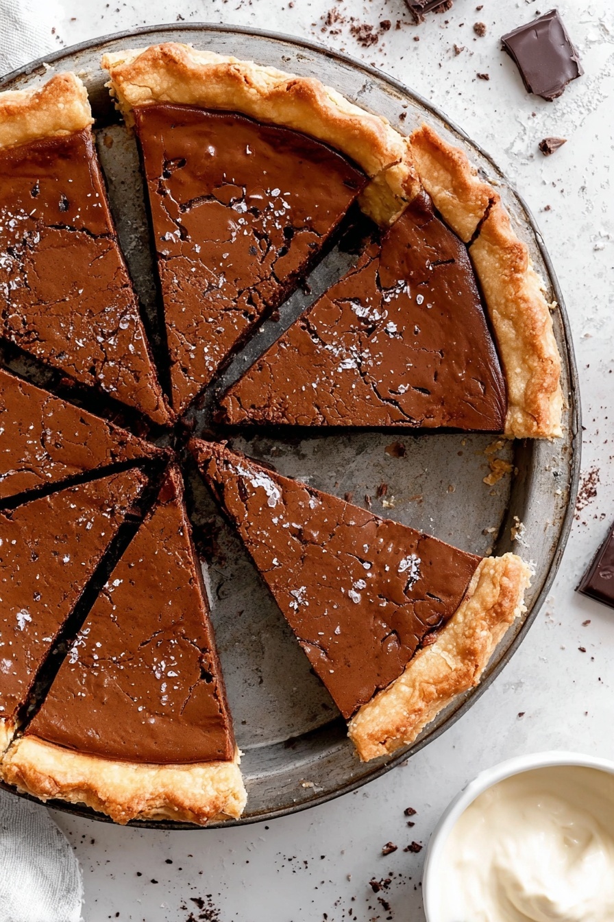 Fudgy Brownie Pie, brownie pie recipe, chocolate dessert, homemade pie crust, fudgy brownie dessert - The image shows a round pie cut into six slices. The pie has a thick, shiny, dark brown top layer with a cracked texture and a golden, flaky crust around the edges. The pie rests on a metal tray with a dark, worn finish. The background is a white marbled surface with scattered chocolate bits. At the bottom right corner, there's a small white bowl filled with smooth, light cream. photo taken with an iphone --ar 2:3 --v 7