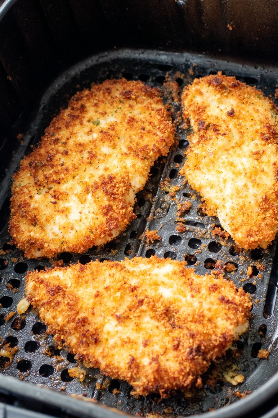 Crispy Air Fryer Parmesan Chicken, healthy chicken recipes, easy air fryer chicken, crunchy baked chicken, quick dinner ideas - Inside a black air fryer basket, there are three pieces of breaded and cooked chicken, each with a golden brown crunchy coating that has some darker crispy spots. The pieces are uneven in shape, with one noticeably larger and placed near the bottom center, while the other two are smaller and positioned toward the top left and right corners. Small crumbs and bits of the coating are scattered around the chicken on the base of the basket, which has a slightly shiny black metal grid design and ventilation holes. The scene is brightly lit, showing texture details of the crispy surface and the basket's interior. photo taken with an iphone --ar 2:3 --v 7