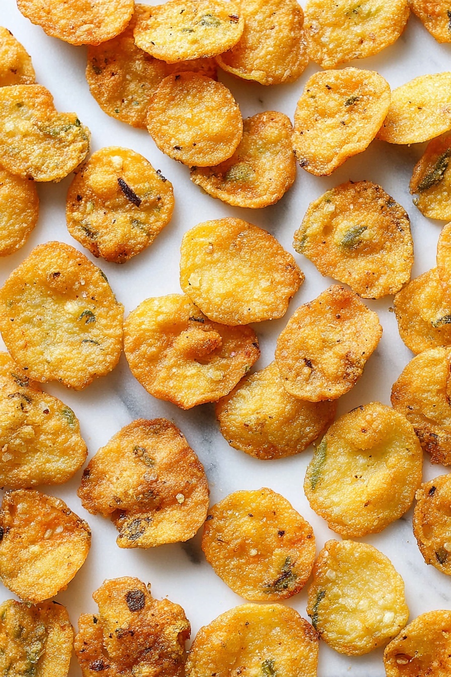 Crispy Fried Pickles with Dipping Sauce, crispy fried pickles, easy pickle appetizer, homemade fried pickles, flavorful dipping sauce - The image shows many small, round, golden-brown fried snacks scattered evenly on a white marbled surface. Each piece has a rough, crispy texture with some darker spots and light seasoning visible. The color ranges from light yellow to golden with hints of green near the edges, showing slight oiliness that gives a shiny finish. The snacks vary in size and shape, but all are thin and appear crunchy without any layers or toppings. Photo taken with an iphone --ar 2:3 --v 7