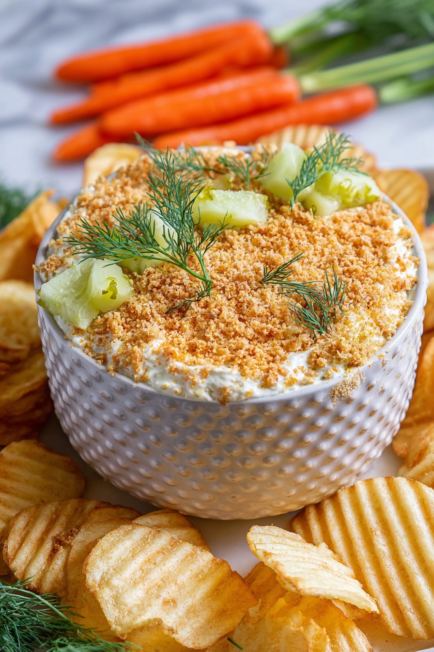 Creamy Pickle Dip with Toasted Panko, tangy pickle dip, crunchy appetizer dip, easy party dip, homemade pickle dip - A white textured bowl with a honeycomb pattern is filled with a creamy white dip topped with a layer of light brown crumbs evenly spread across the surface. Small green pickle chunks and sprigs of fresh dill are scattered on top of the crumbs, adding pops of green. The bowl is surrounded by golden, ridged potato chips and a bunch of fresh orange baby carrots, all placed on a white marbled surface. Photo taken with an iphone --ar 2:3 --v 7