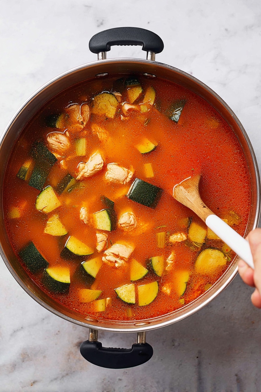 Mexican Chicken Vegetable Soup, hearty Mexican chicken soup, healthy Mexican chicken soup, easy Mexican chicken soup, flavorful vegetable soup - A stainless steel pot filled with a bright orange-red soup that has a thin, clear texture. Inside the soup, there are medium-sized chunks of light brown cooked chicken, small pieces of dark green and light green zucchini cubes floating evenly across the surface, and some small bits of orange carrot visible under the soup. A wooden spoon with a white tip is being held by a woman's hand, stirring gently near the right side of the pot. The pot is placed on a white marbled surface, and its black handles are visible on both sides. Photo taken with an iphone --ar 2:3 --v 7