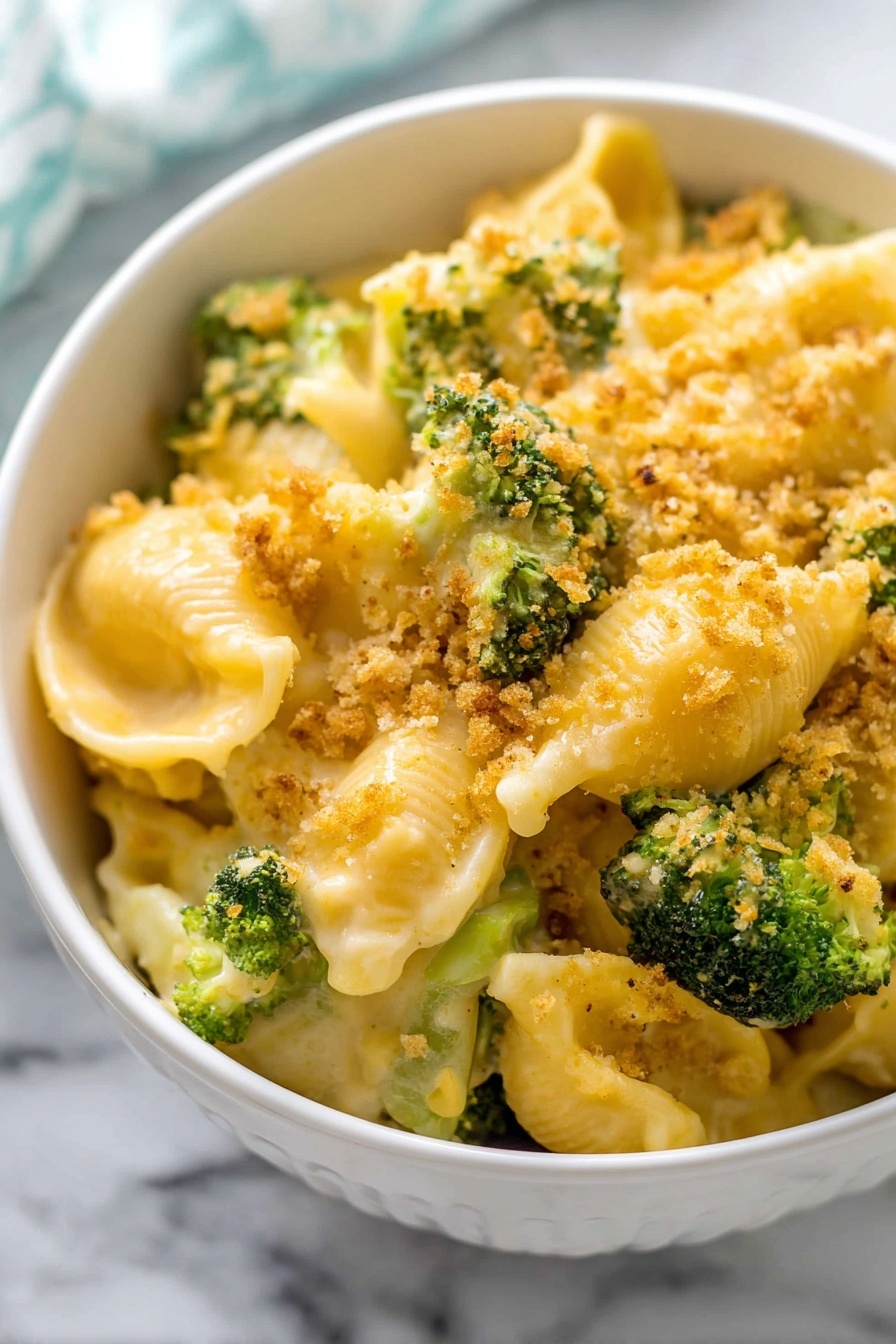 Baked Broccoli Mac and Cheese, cheesy broccoli pasta bake, healthy baked mac and cheese, broccoli pasta casserole, easy cheesy veggie pasta - A white bowl filled with a creamy cheesy pasta dish showing three main layers: large pasta shells coated in a smooth yellow cheese sauce form the base layer; green broccoli florets with bright green color and slightly textured surfaces sit mixed in the middle layers; and the top layer is sprinkled with golden crispy bread crumbs adding a crunchy texture on top. The bowl is on a white marbled surface, with soft natural light enhancing the glossy cheese and the fresh broccoli. photo taken with an iphone --ar 2:3 --v 7