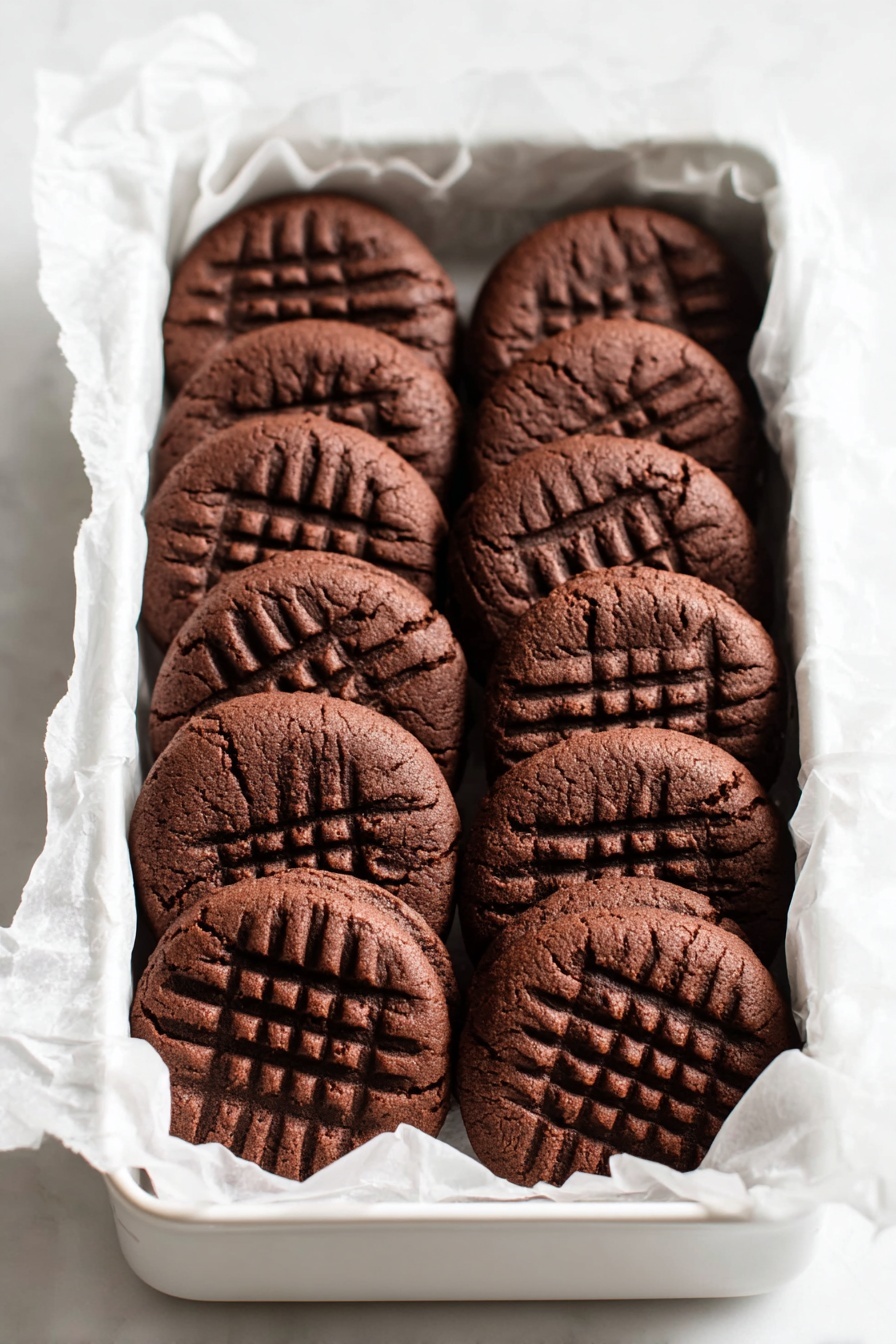 Chocolate Peanut Butter Cookies, Peanut Butter Chocolate Cookies, Easy Peanut Butter Cookies, Fudgy Peanut Butter Cookies, Quick Chocolate Cookies - A row of thick, round chocolate cookies with a soft texture is neatly arranged inside a white rectangular tray lined with white parchment paper, each cookie showing a simple crisscross pattern pressed into the top. The cookies have a rich dark brown color and are packed closely together in two layers, filling the tray fully, set on a white marbled surface. Photo taken with an iphone --ar 2:3 --v 7